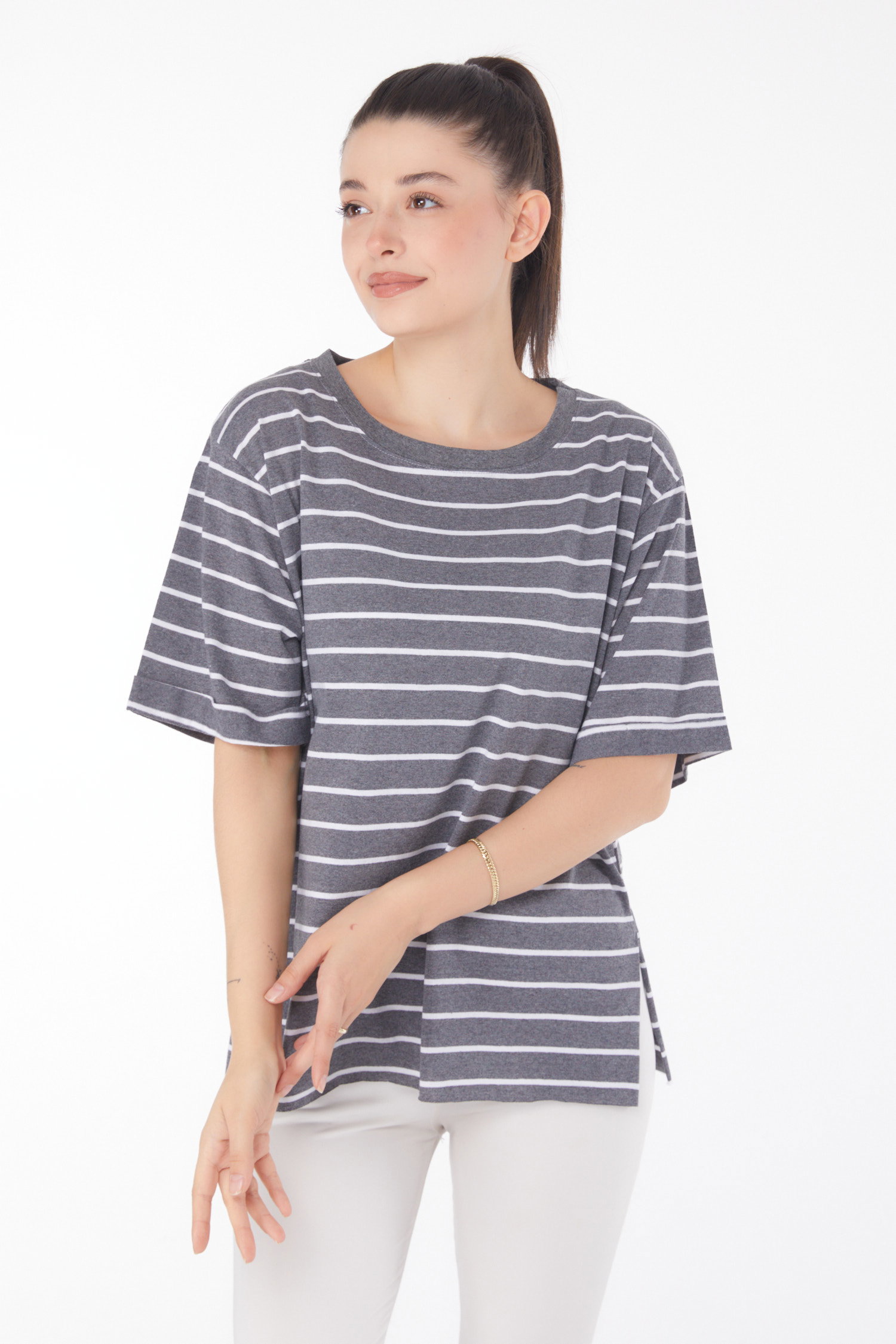 Çizgili Kısa Kollu T-shirt Füme - 25840 - 3
