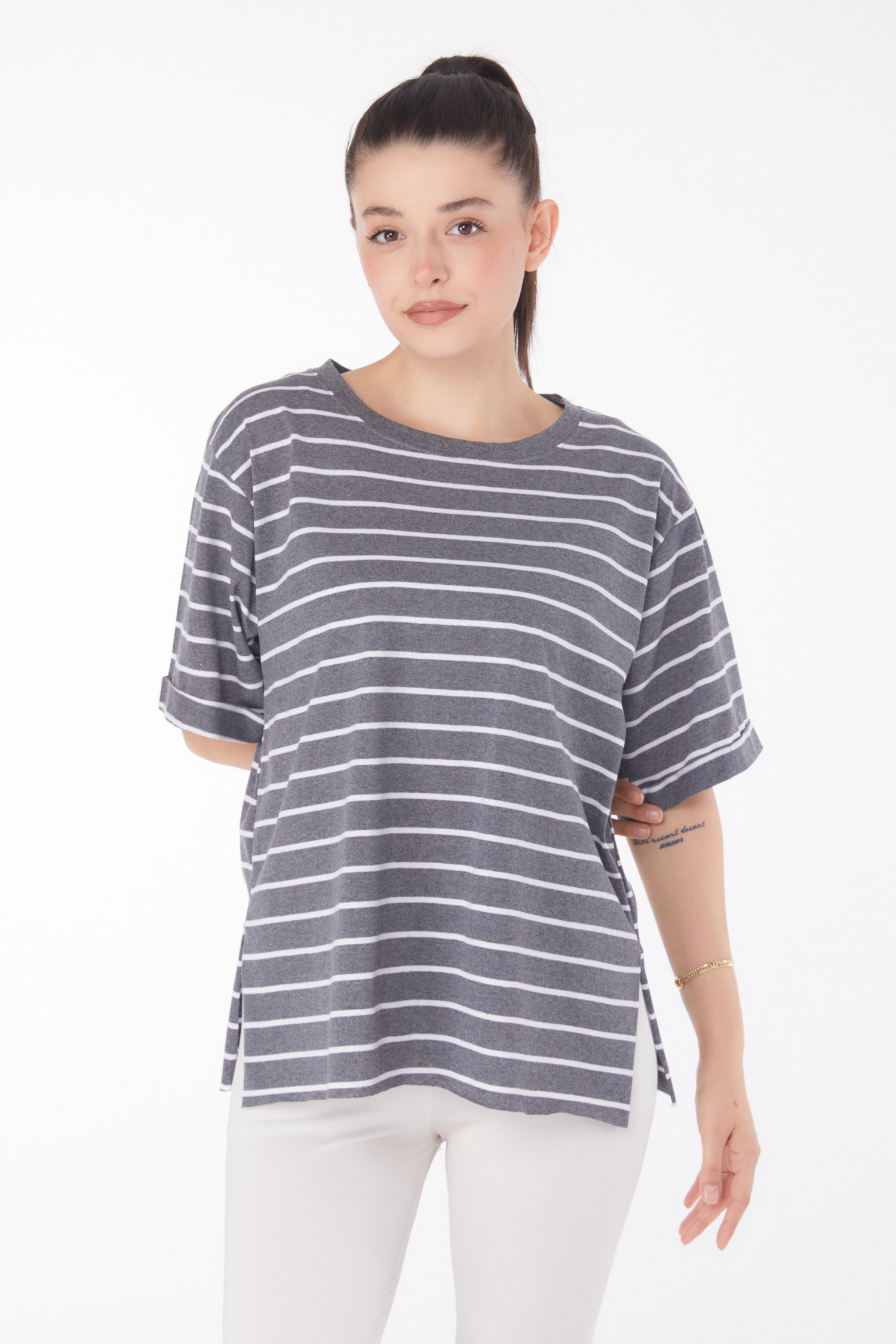 Çizgili Kısa Kollu T-shirt Füme - 25840 - 4