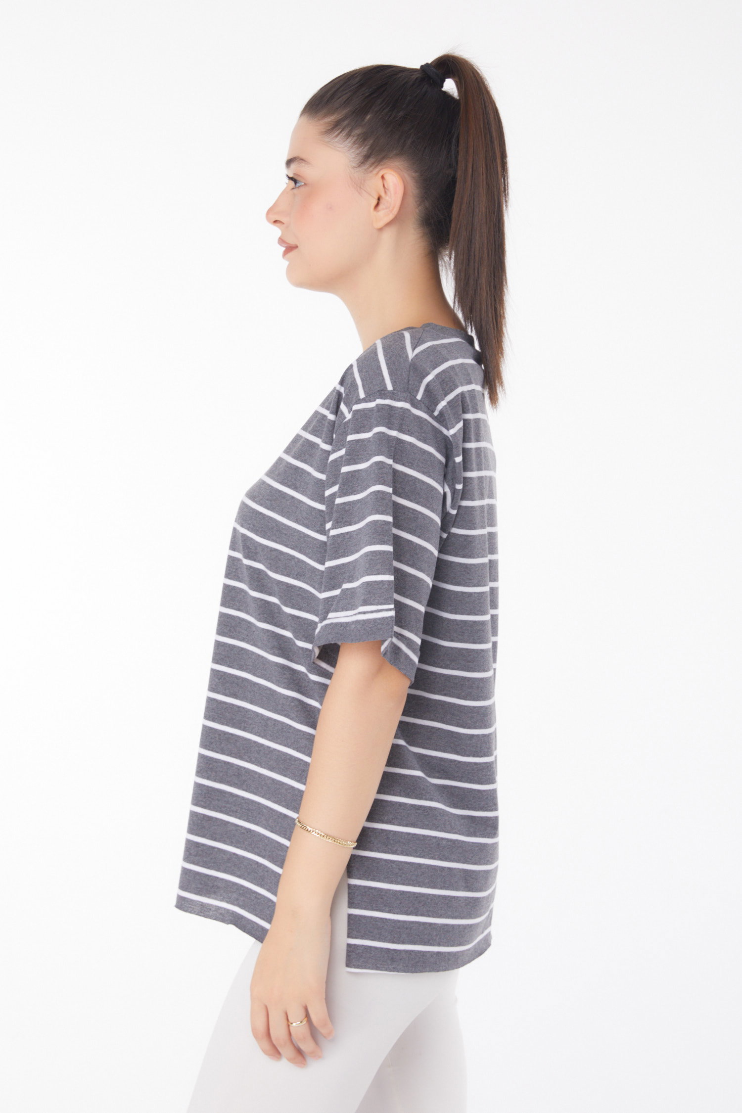 Çizgili Kısa Kollu T-shirt Füme - 25840 - 5