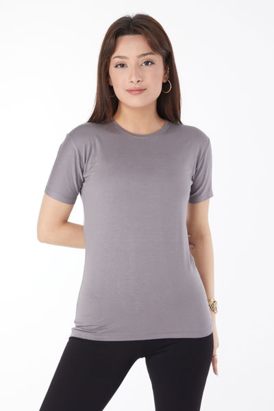 Düz Bisiklet Yaka Kadın Füme Kısa Kollu Baskısız T-shirt - 24764 