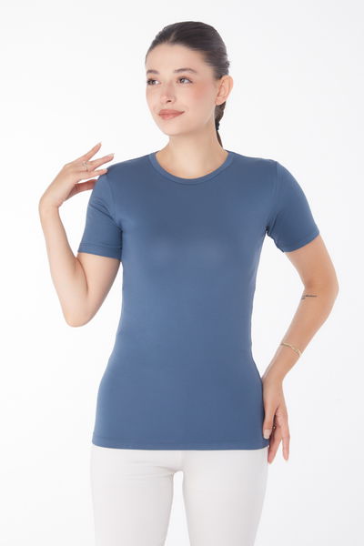 Düz Bisiklet Yaka Kadın Füme Kısa Kollu T-shirt - 25768 