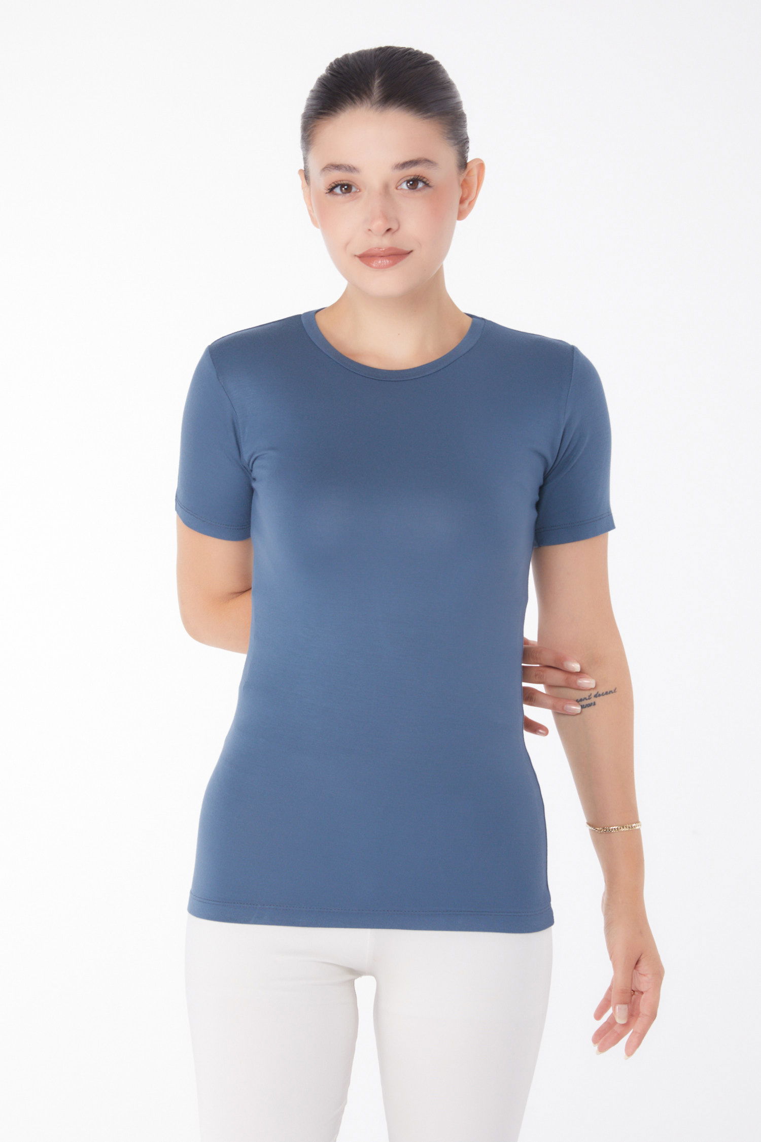 Düz Bisiklet Yaka Kadın Füme Kısa Kollu T-shirt - 25768 - 2