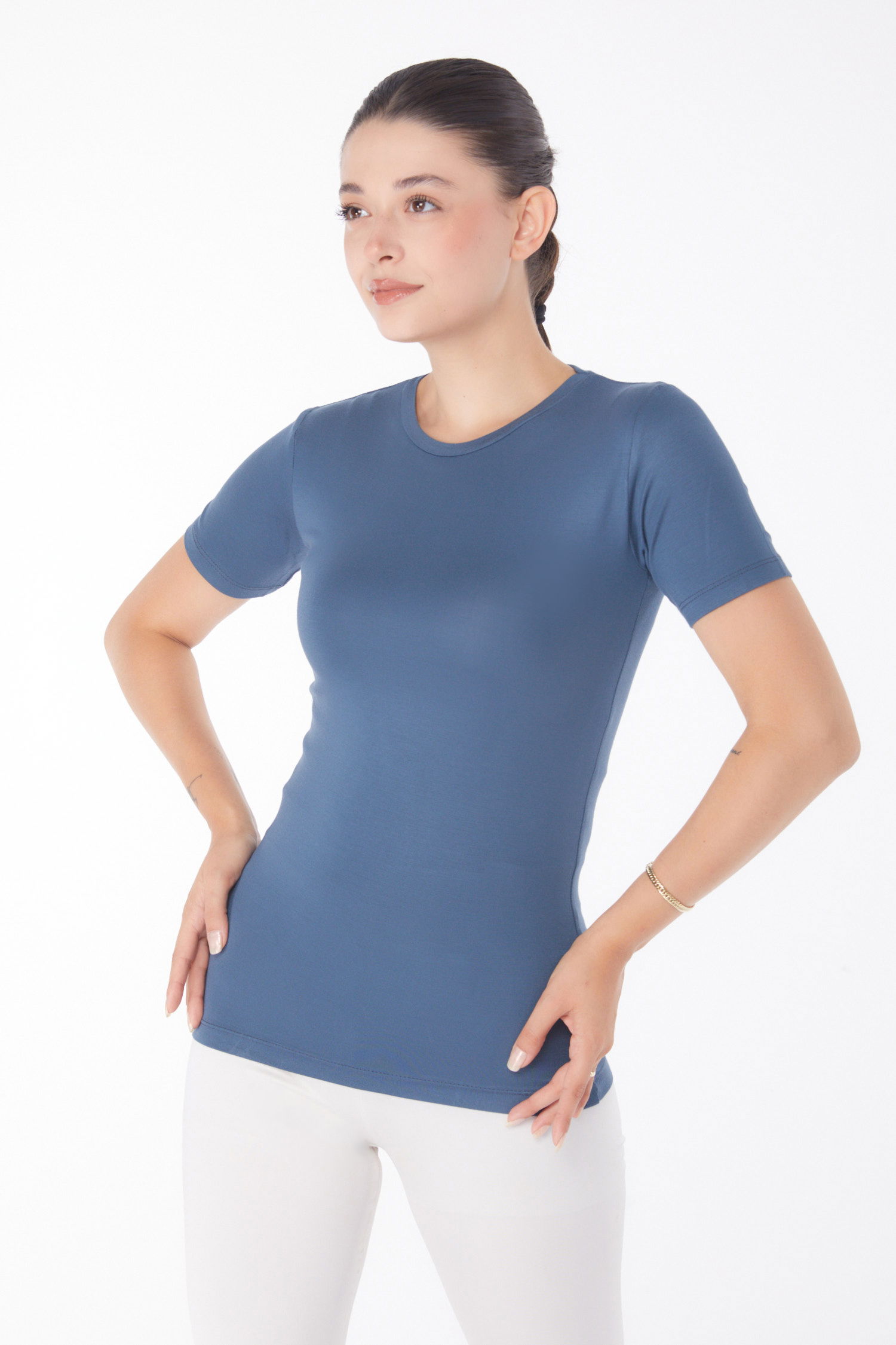Düz Bisiklet Yaka Kadın Füme Kısa Kollu T-shirt - 25768 - 3