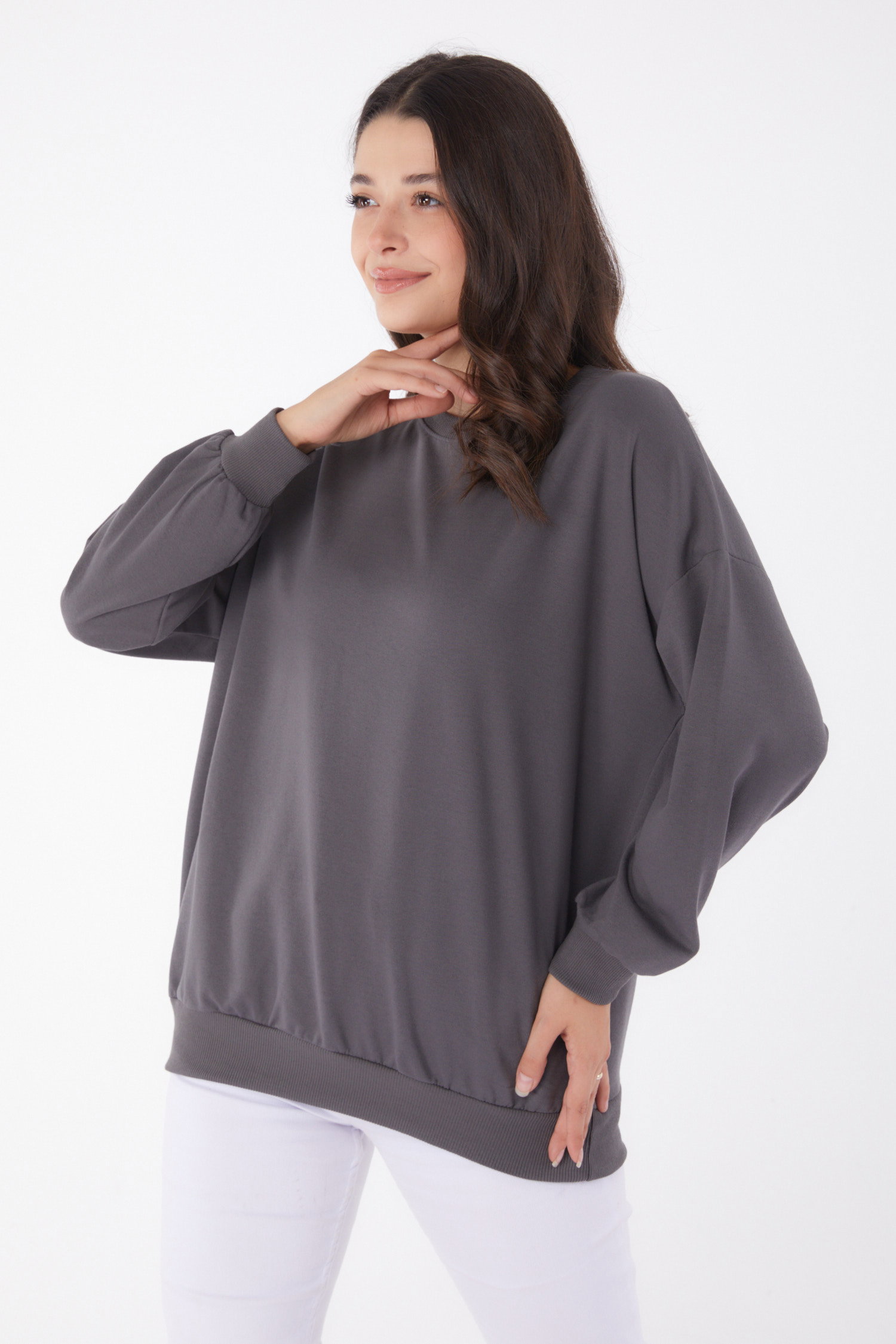 Düz Bisiklet Yaka Kadın Füme Manşetli Sweatshirt - 26046 - 2