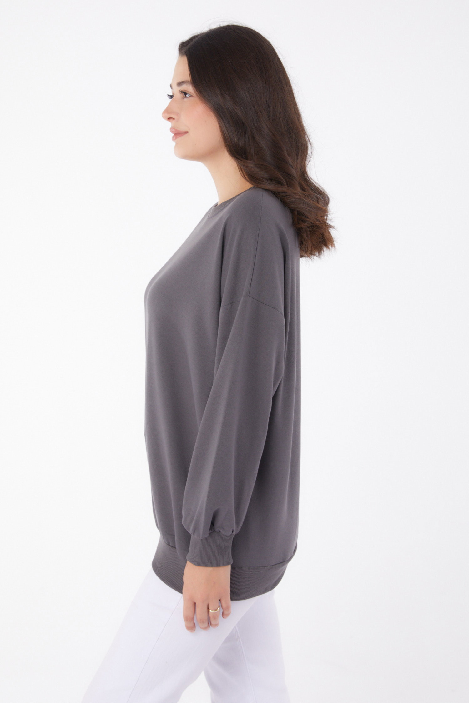 Düz Bisiklet Yaka Kadın Füme Manşetli Sweatshirt - 26046 - 3