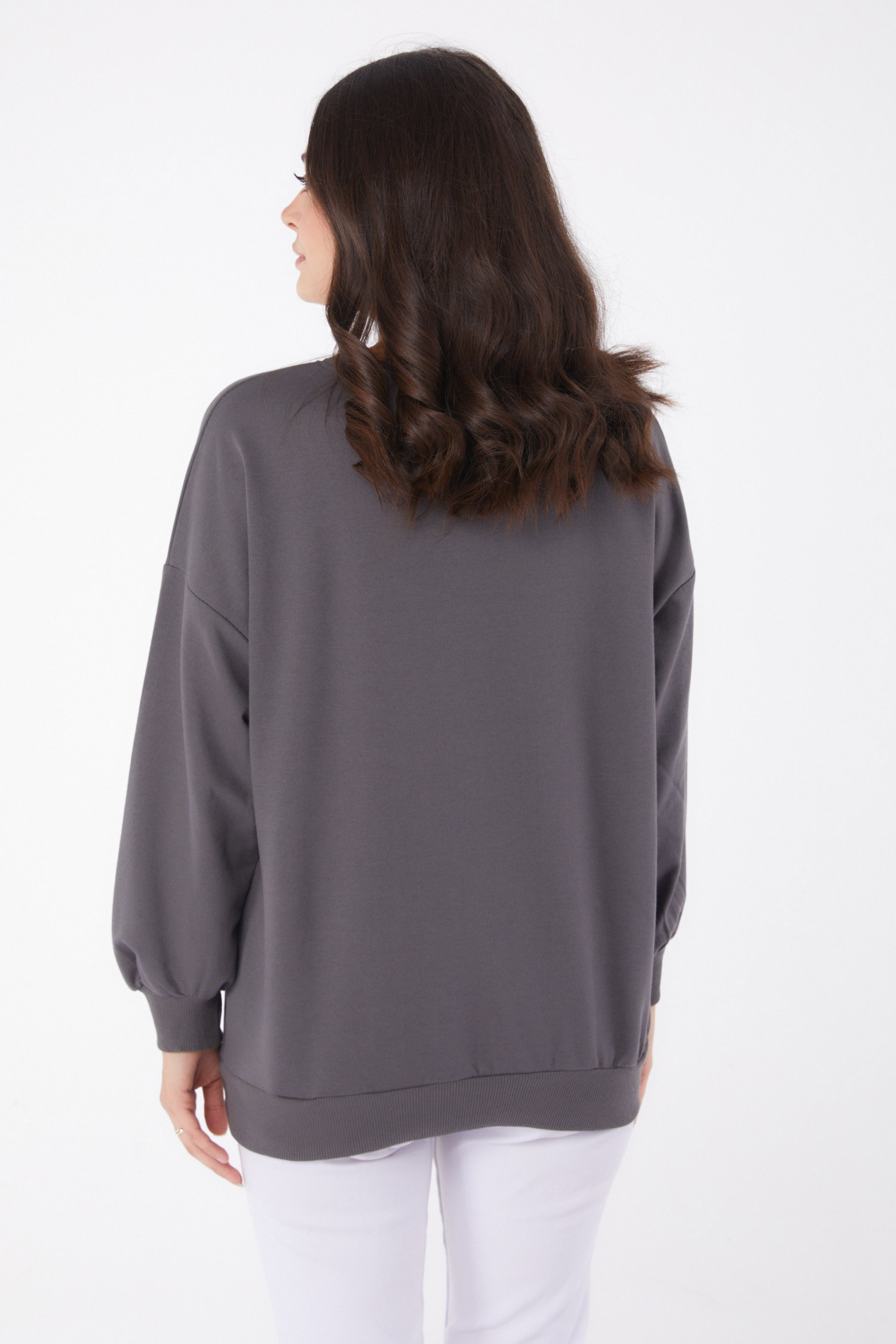 Düz Bisiklet Yaka Kadın Füme Manşetli Sweatshirt - 26046 - 4