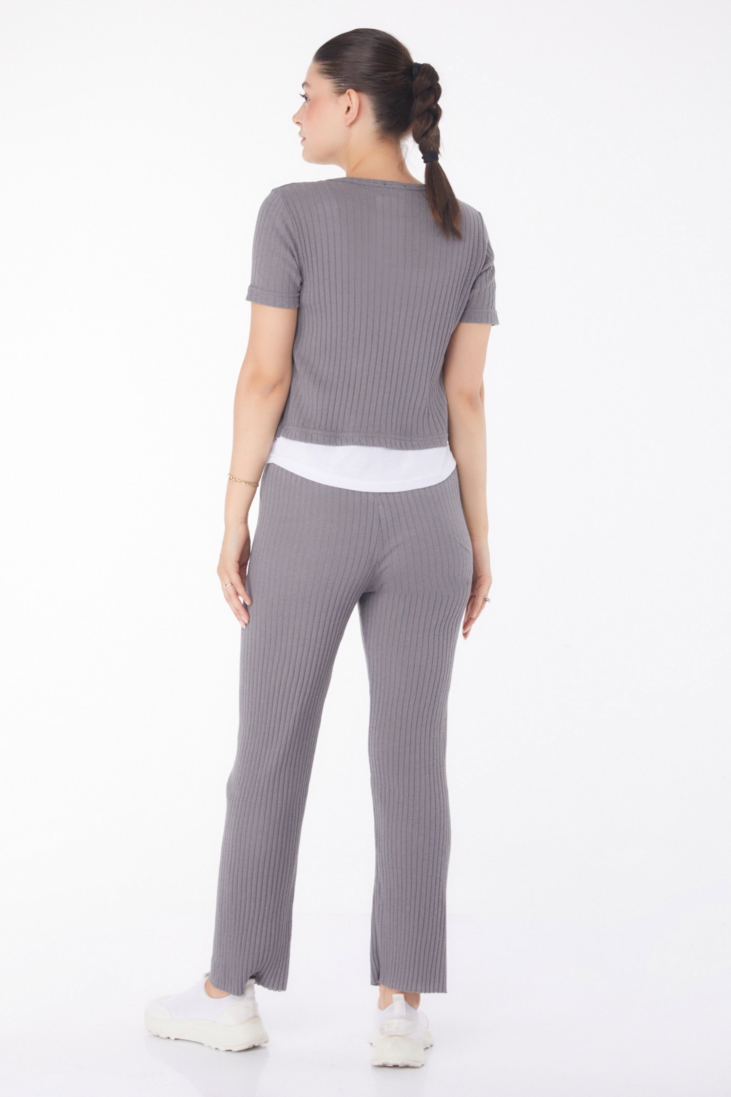 Düz Bisiklet Yaka Kadın Füme T-shirt Pantolon İkili Takım - 25952 - 5