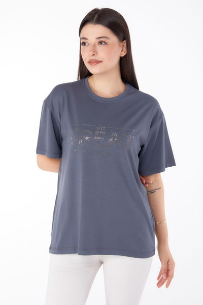 Düz Bisiklet Yaka Kadın Füme Taşlı T-shirt