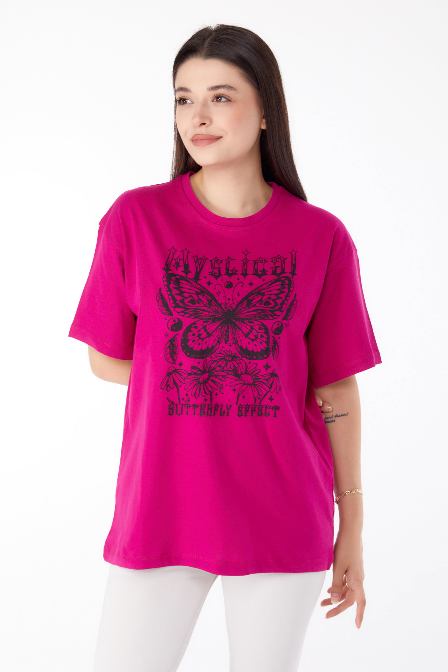 Düz Bisiklet Yaka Kadın Fusya Baskılı T-shirt - 25695 - 1