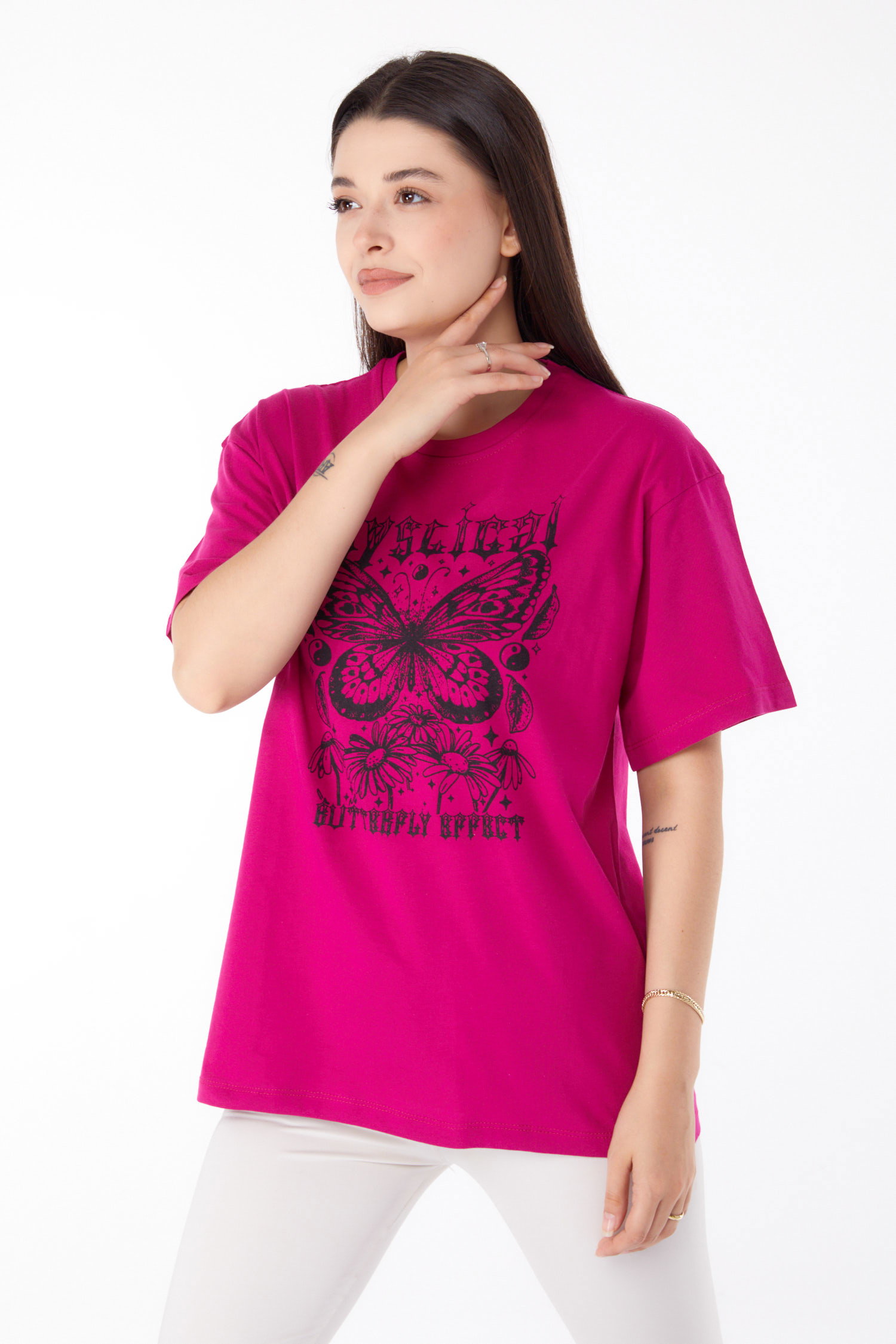 Düz Bisiklet Yaka Kadın Fusya Baskılı T-shirt - 25695 - 2