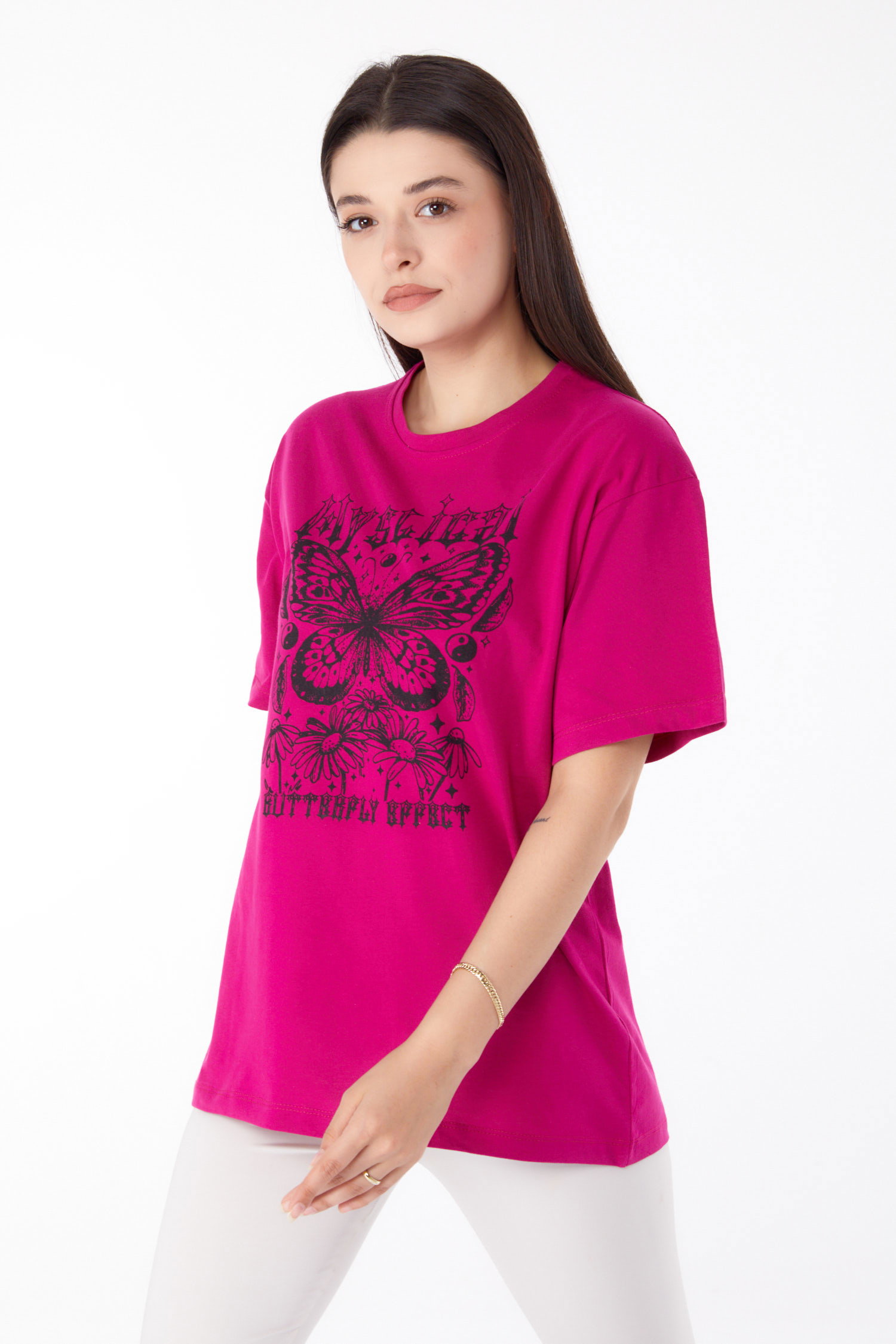 Düz Bisiklet Yaka Kadın Fusya Baskılı T-shirt - 25695 - 3