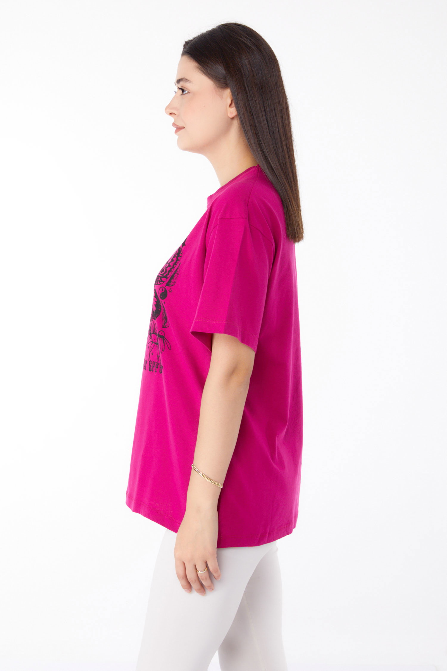Düz Bisiklet Yaka Kadın Fusya Baskılı T-shirt - 25695 - 4