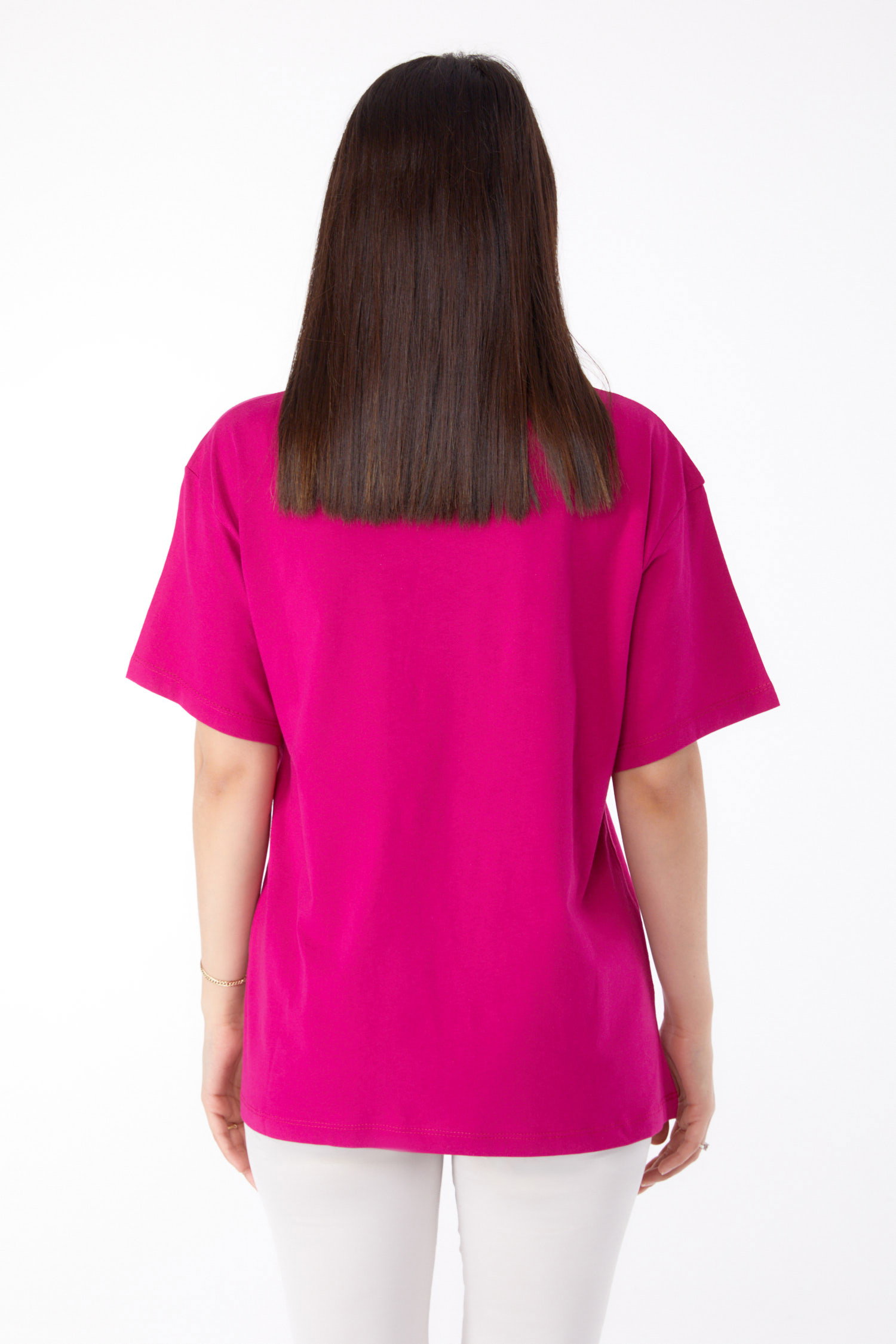 Düz Bisiklet Yaka Kadın Fusya Baskılı T-shirt - 25695 - 5