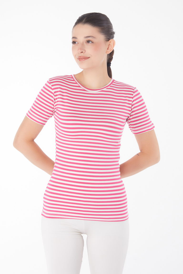 Düz Bisiklet Yaka Kadın Fuşya Çizgili Kısa Kollu T-shirt - 25761 - TOFİSA