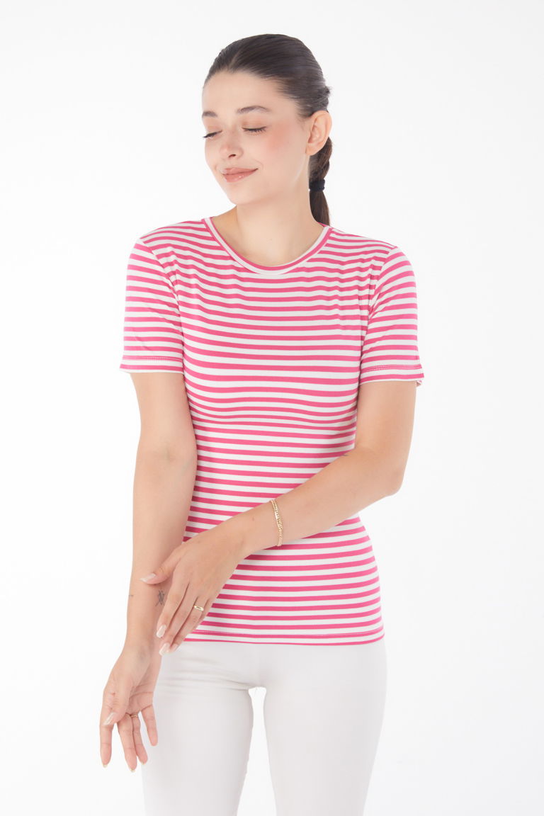 Düz Bisiklet Yaka Kadın Fuşya Çizgili Kısa Kollu T-shirt - 25761 - TOFİSA