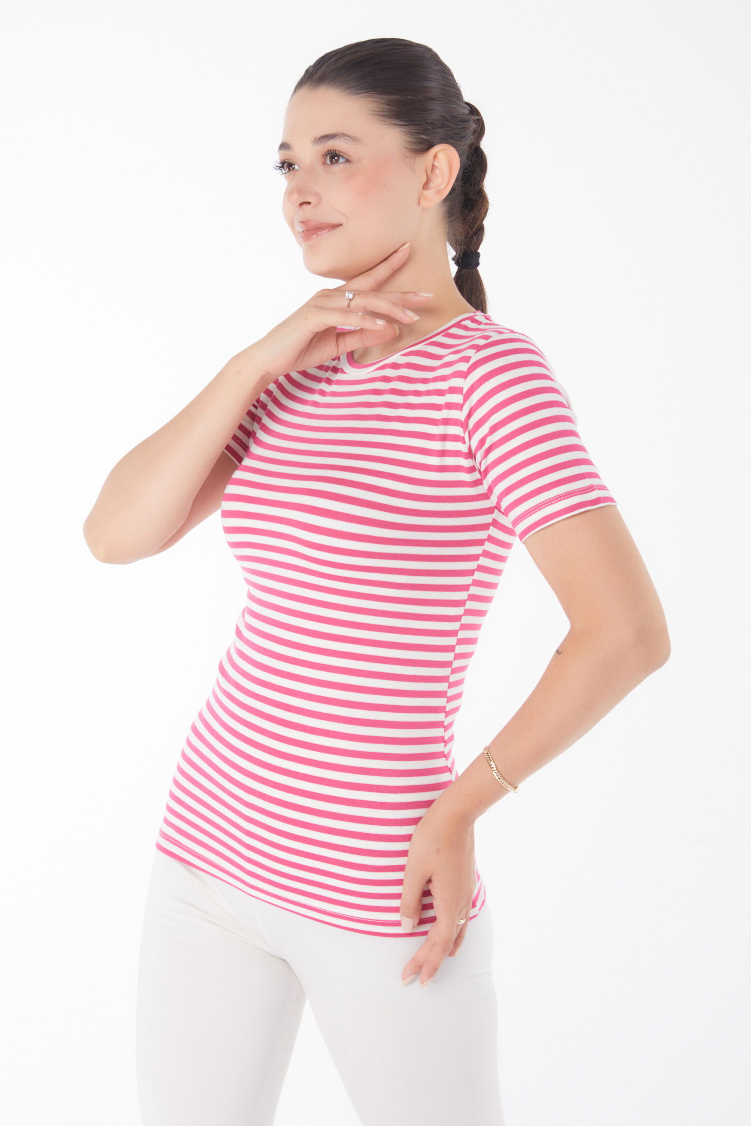 Düz Bisiklet Yaka Kadın Fuşya Çizgili Kısa Kollu T-shirt - 25761 - 3