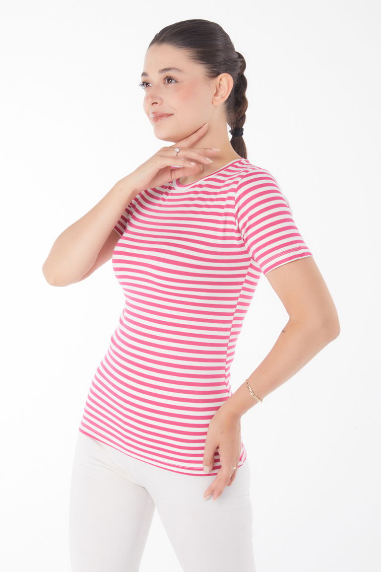 Düz Bisiklet Yaka Kadın Fuşya Çizgili Kısa Kollu T-shirt - 25761 - TOFİSA