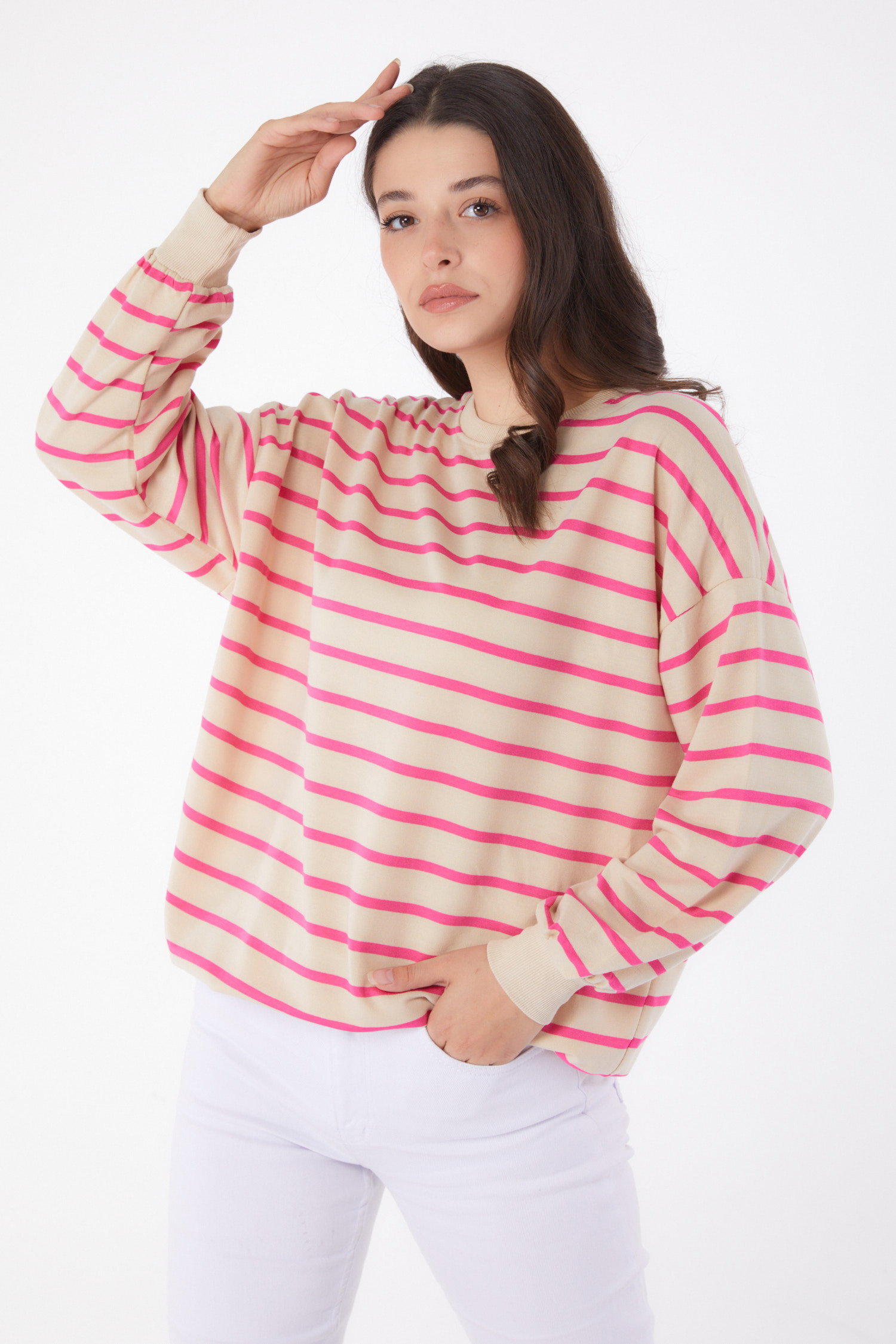 Düz Bisiklet Yaka Kadın Fuşya Çizgili Sweatshirt - 26048 - 1