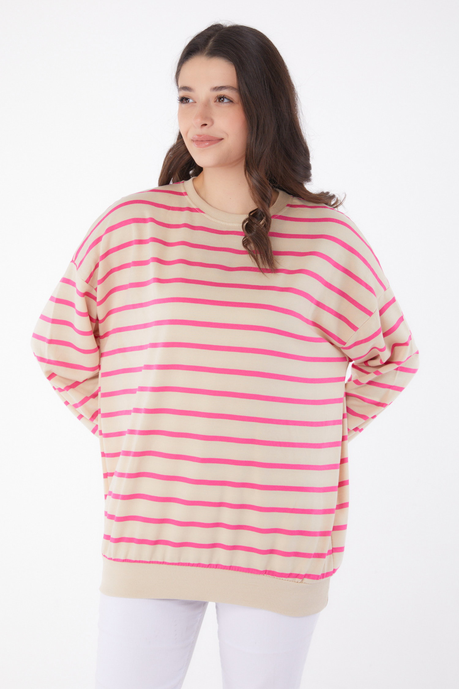 Düz Bisiklet Yaka Kadın Fuşya Çizgili Sweatshirt - 26048 - 2