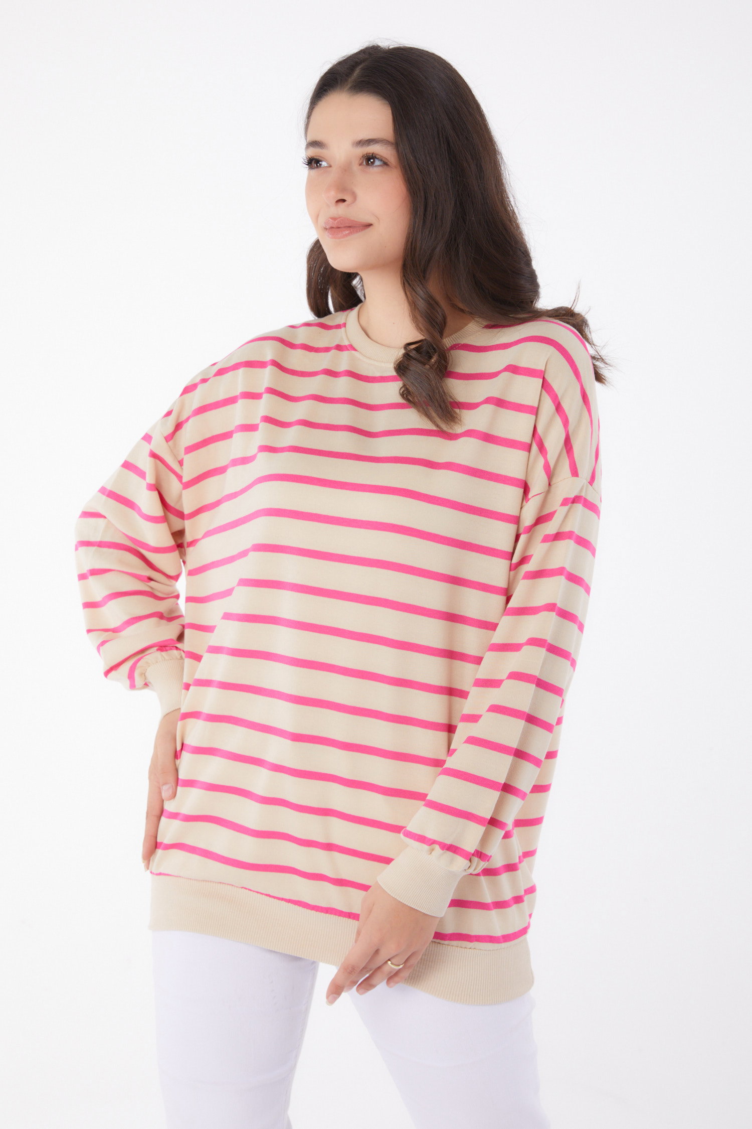 Düz Bisiklet Yaka Kadın Fuşya Çizgili Sweatshirt - 26048 - 3