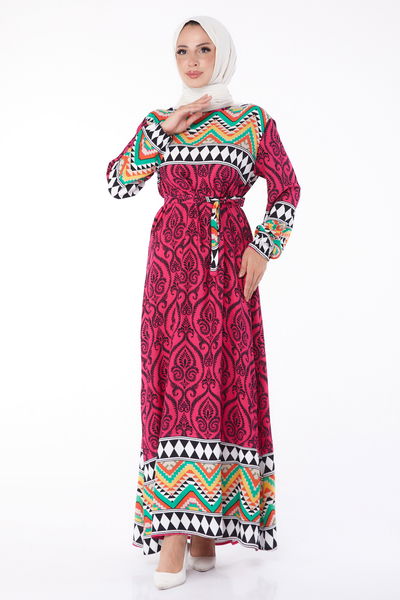 Desenli Elbise Fusya - 26233 