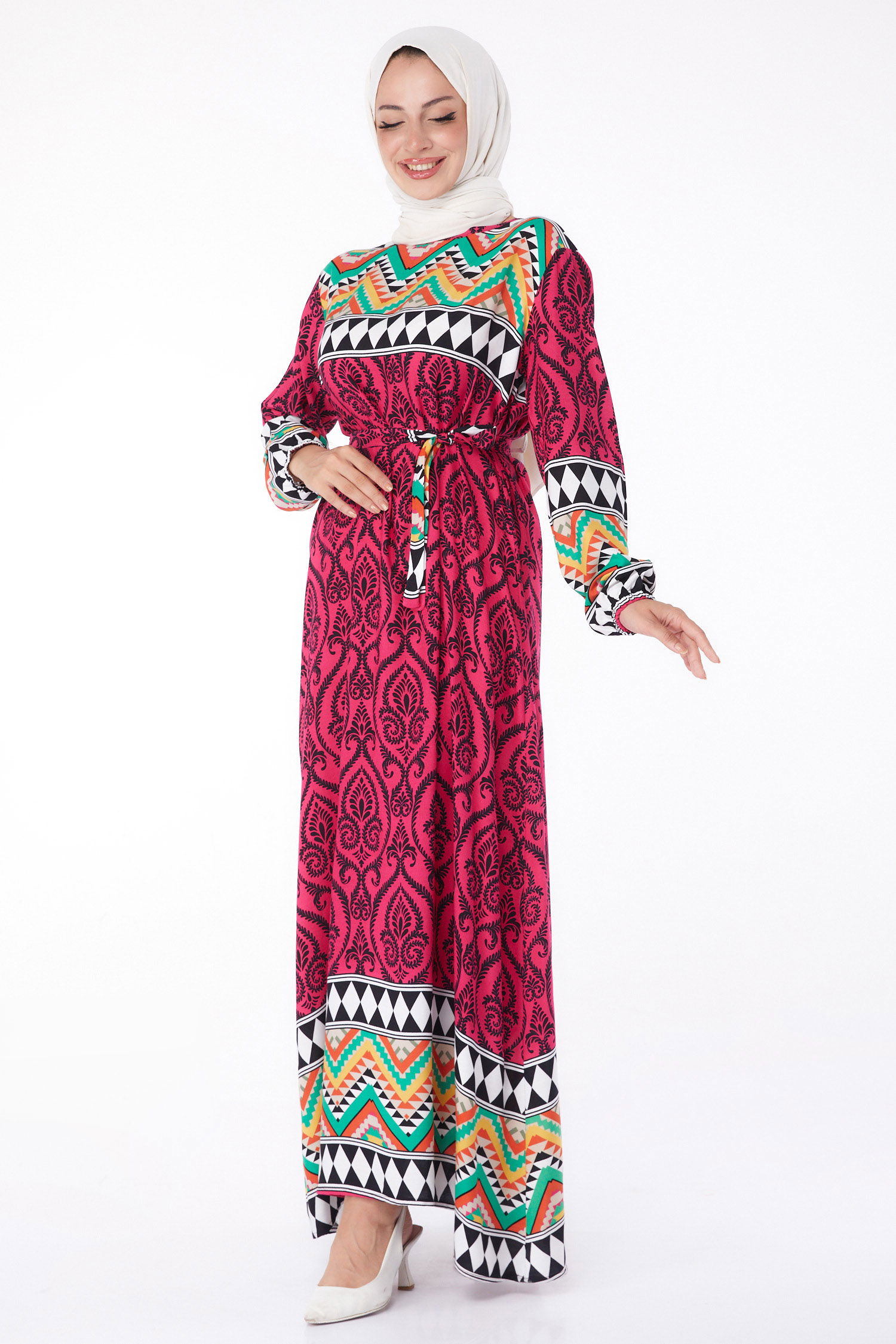 Desenli Elbise Fusya - 26233 - 2
