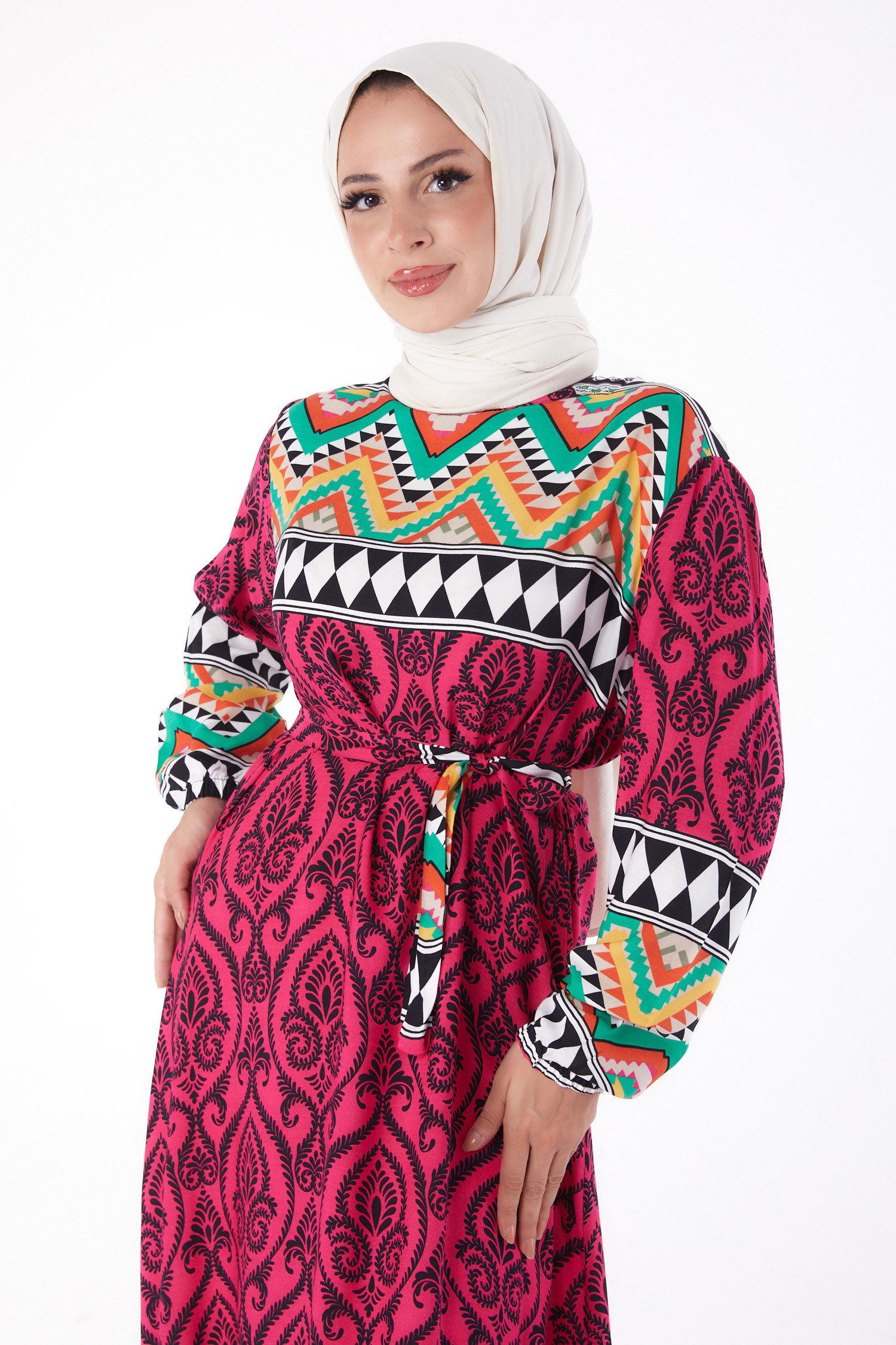 Desenli Elbise Fusya - 26233 - 3