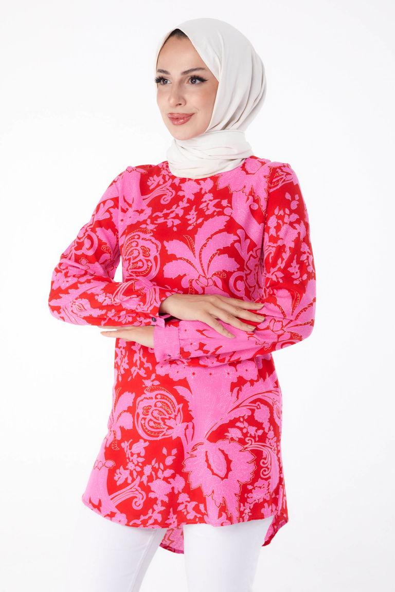 Düz Bisiklet Yaka Kadın Fusya Desenli Tunik - 13277 - TOFİSA