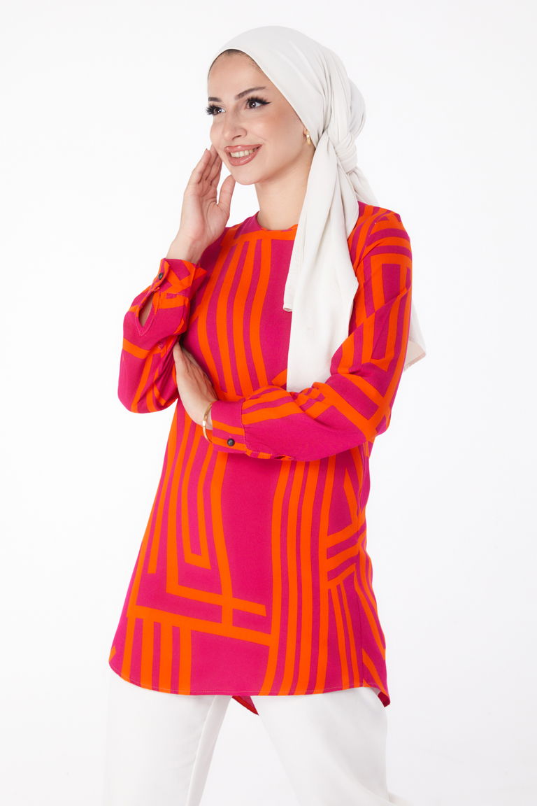 Desenli Tunik Fusya - 13278 - TOFİSA