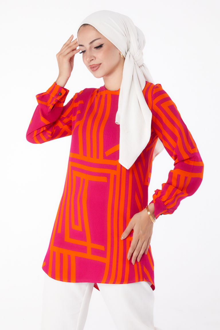 Desenli Tunik Fusya - 13278 - TOFİSA