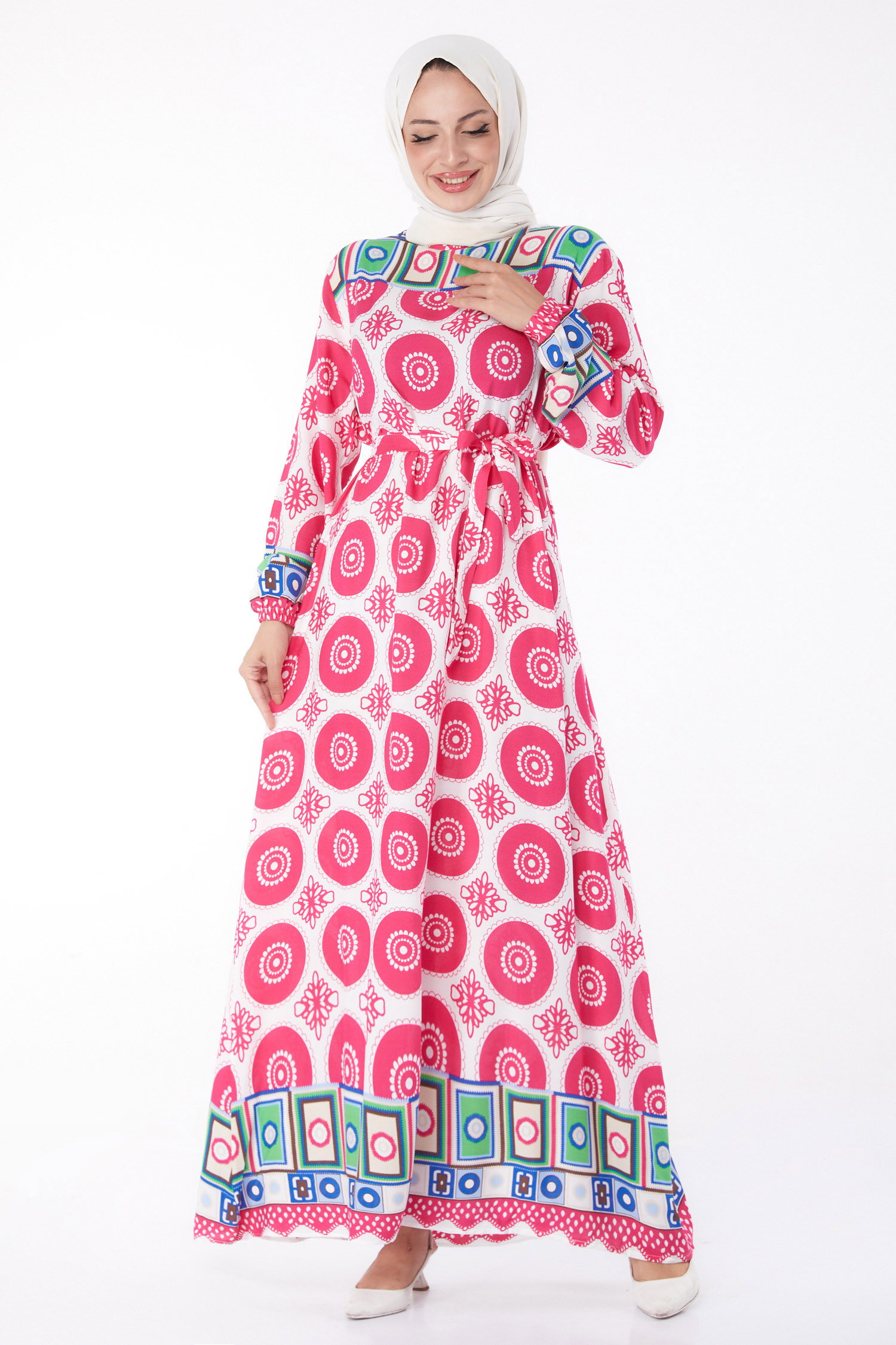 Etnik Desenli Elbise Fusya - 26228 - 1