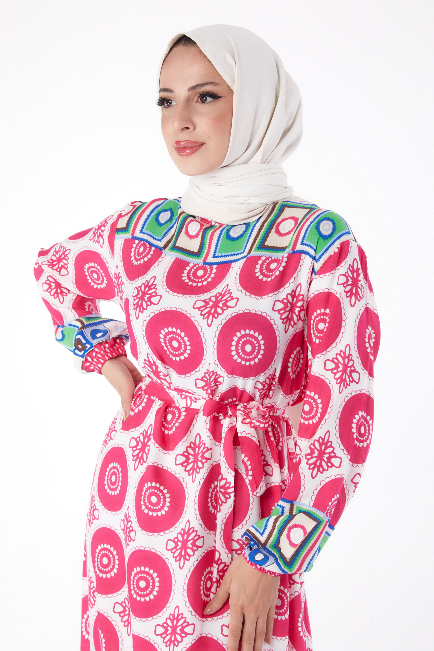 Etnik Desenli Elbise Fusya - 26228 - 4