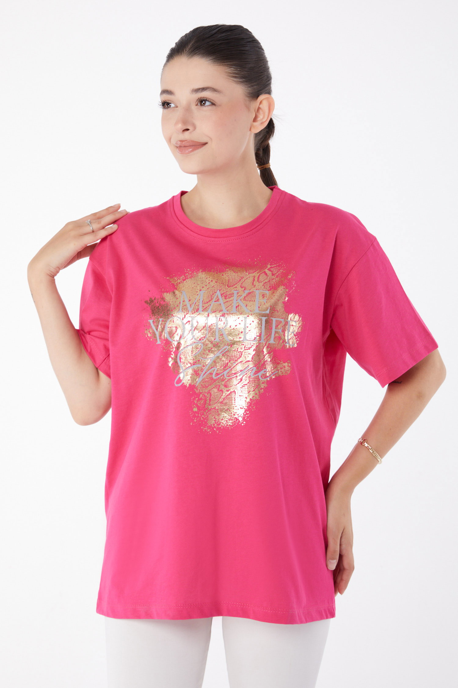 Düz Bisiklet Yaka Kadın Fusya Kısa Kollu Baskılı T-shirt - 25980 - 1