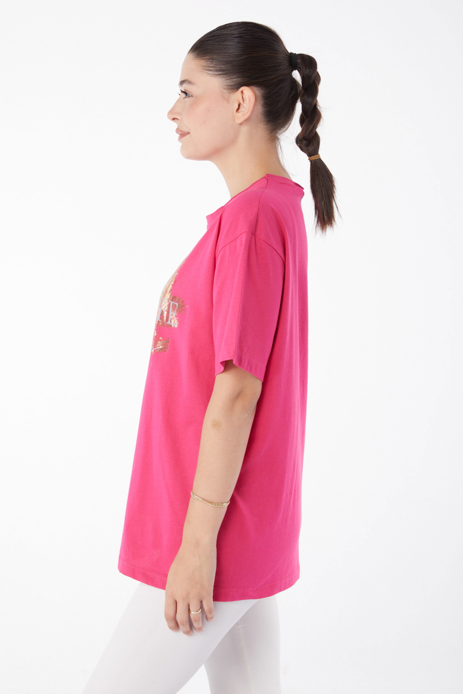 Düz Bisiklet Yaka Kadın Fusya Kısa Kollu Baskılı T-shirt - 25980 - 3