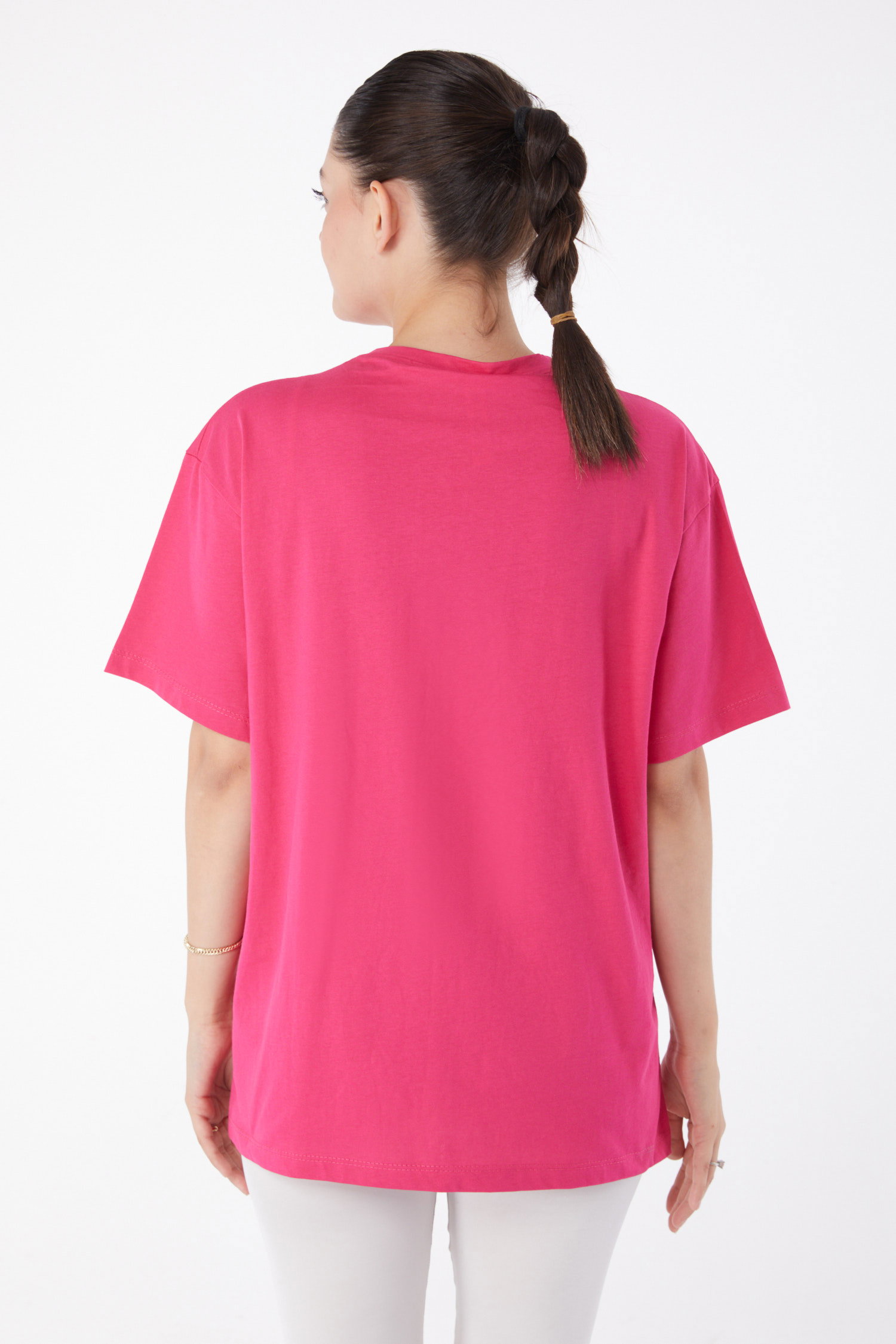 Düz Bisiklet Yaka Kadın Fusya Kısa Kollu Baskılı T-shirt - 25980 - 4