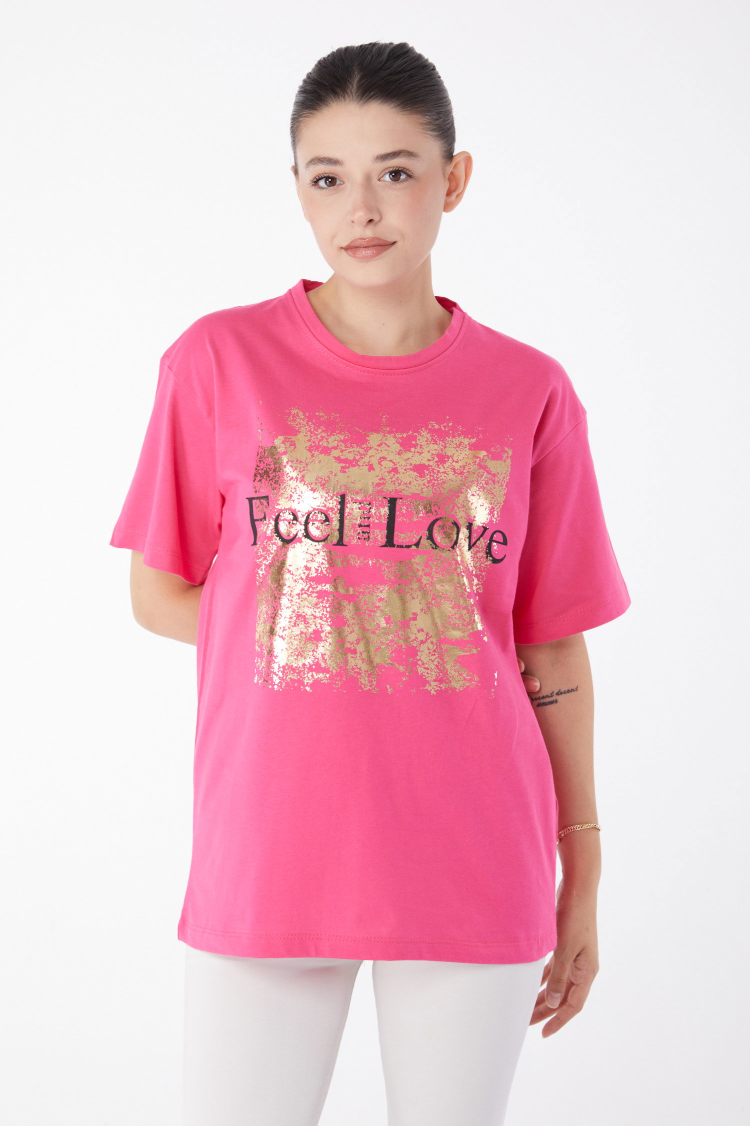 Düz Bisiklet Yaka Kadın Fusya Kısa Kollu Baskılı T-shirt - 25982 - 1
