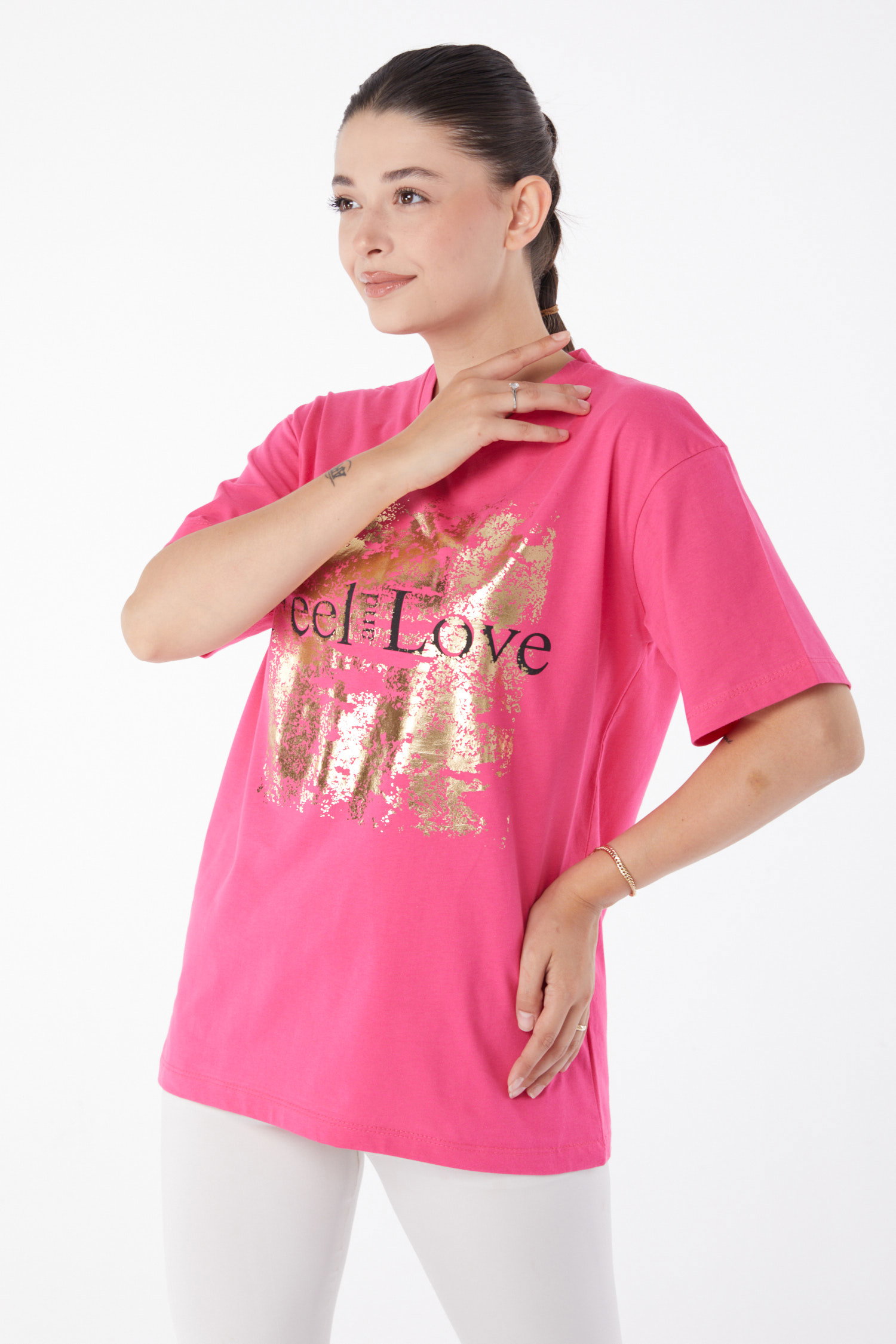 Düz Bisiklet Yaka Kadın Fusya Kısa Kollu Baskılı T-shirt - 25982 - 2