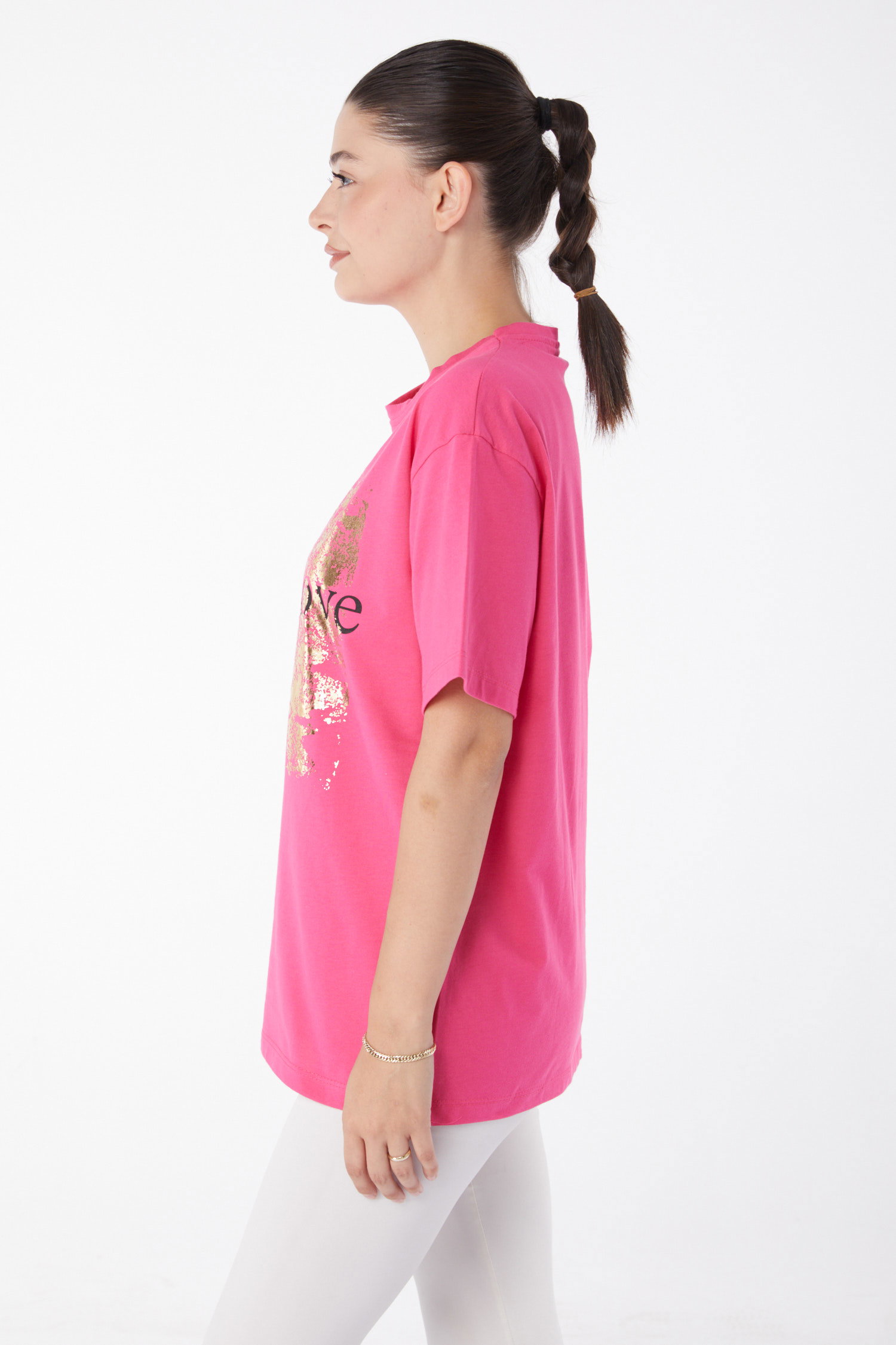 Düz Bisiklet Yaka Kadın Fusya Kısa Kollu Baskılı T-shirt - 25982 - 3