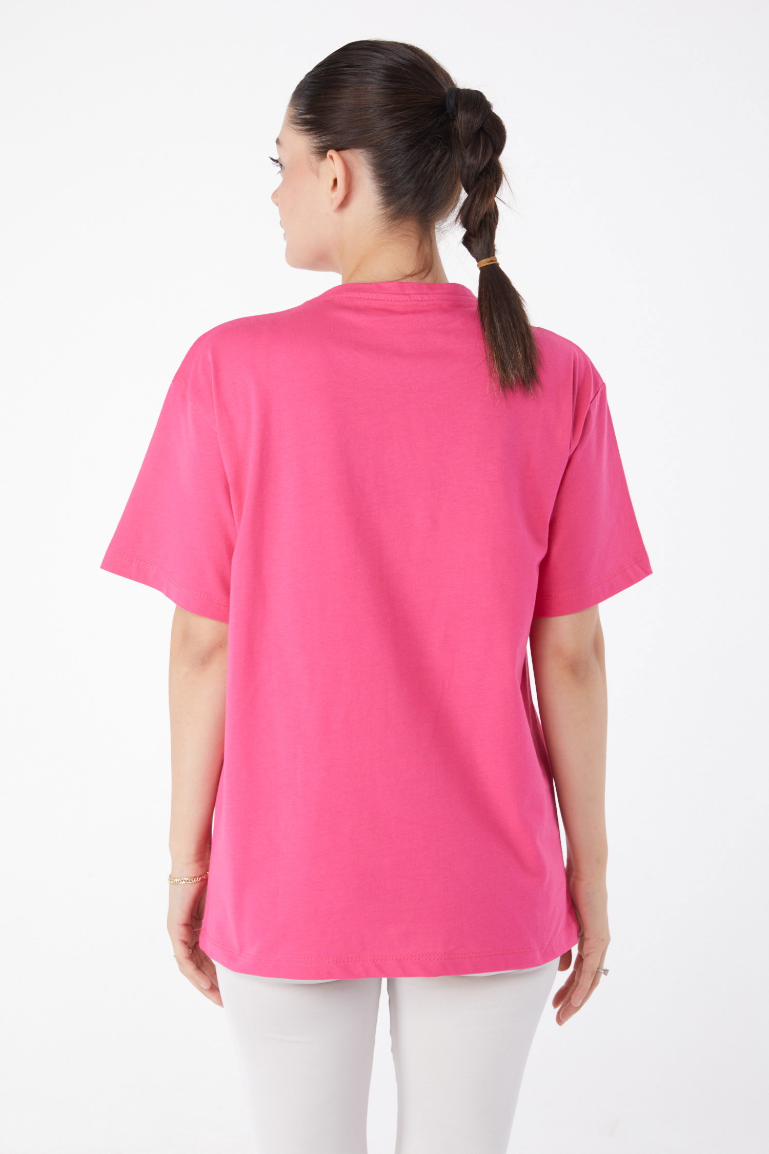 Düz Bisiklet Yaka Kadın Fusya Kısa Kollu Baskılı T-shirt - 25982 - 4