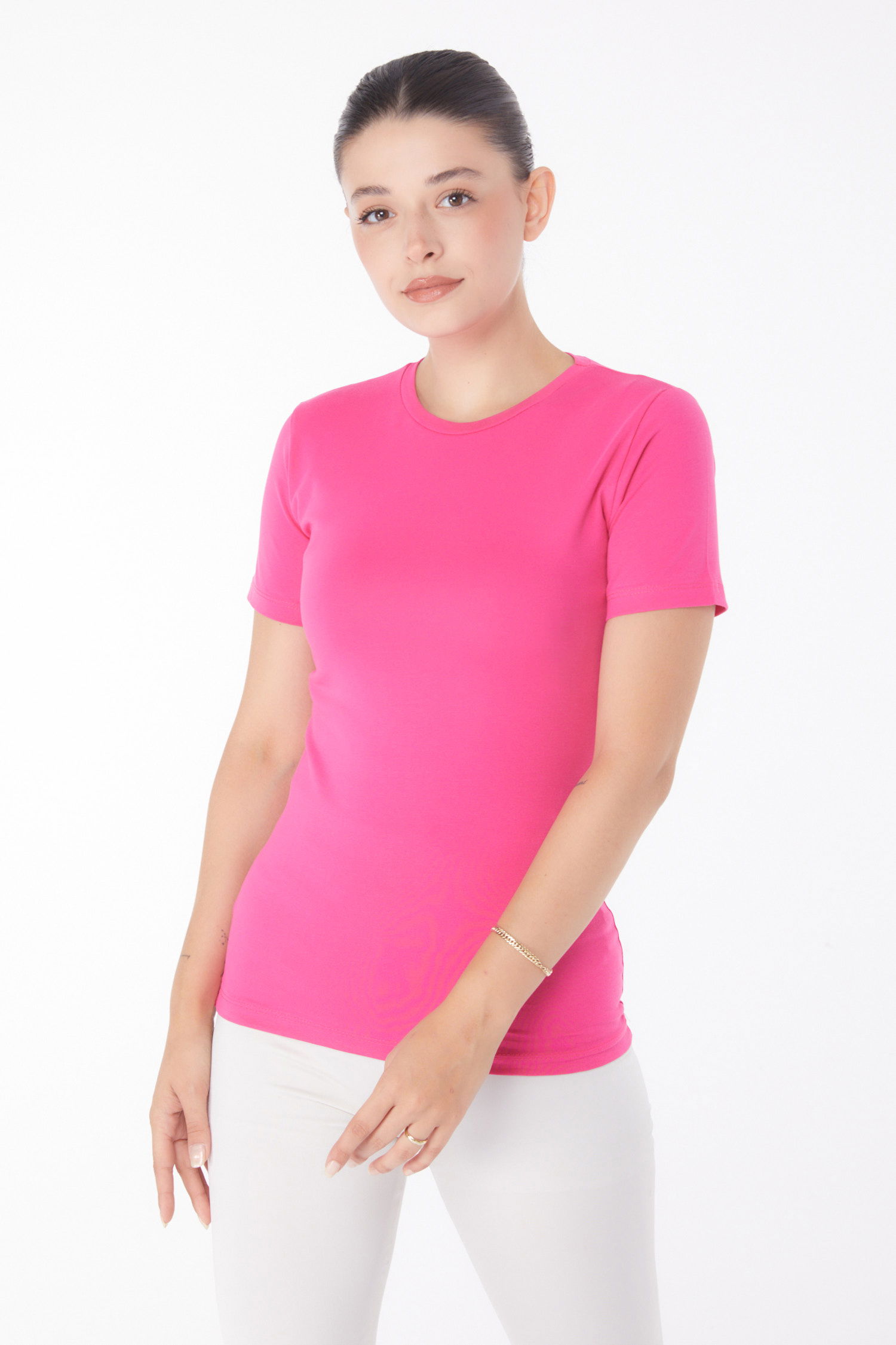 Düz Bisiklet Yaka Kadın Fusya Kısa Kollu T-shirt - 25768 - 3