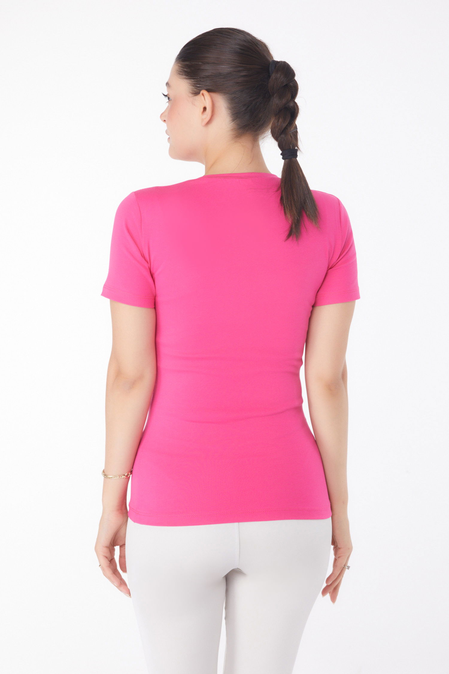Düz Bisiklet Yaka Kadın Fusya Kısa Kollu T-shirt - 25768 - 5