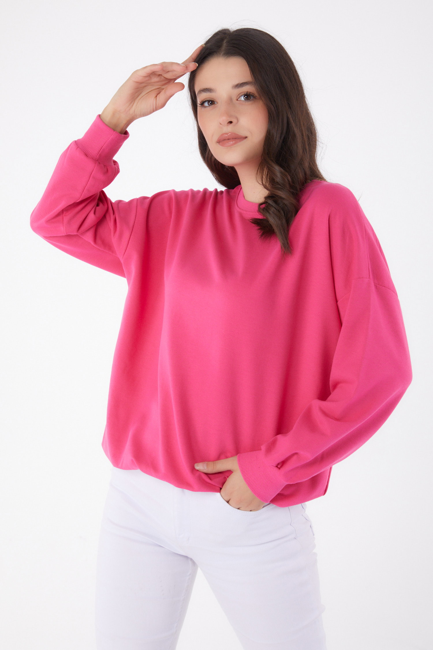 Düz Bisiklet Yaka Kadın Fuşya Manşetli Sweatshirt - 26046 - 1