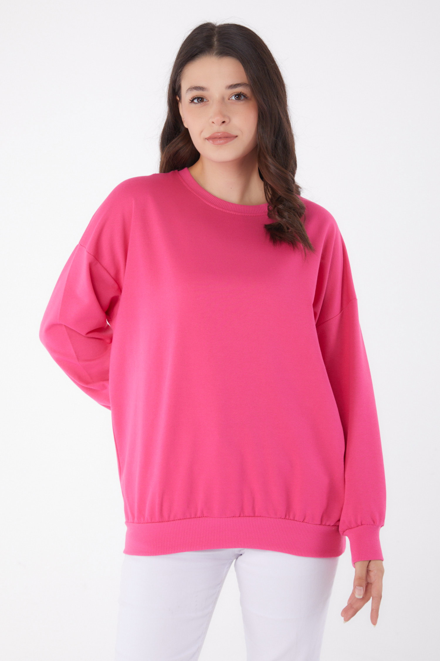 Düz Bisiklet Yaka Kadın Fuşya Manşetli Sweatshirt - 26046 - 2