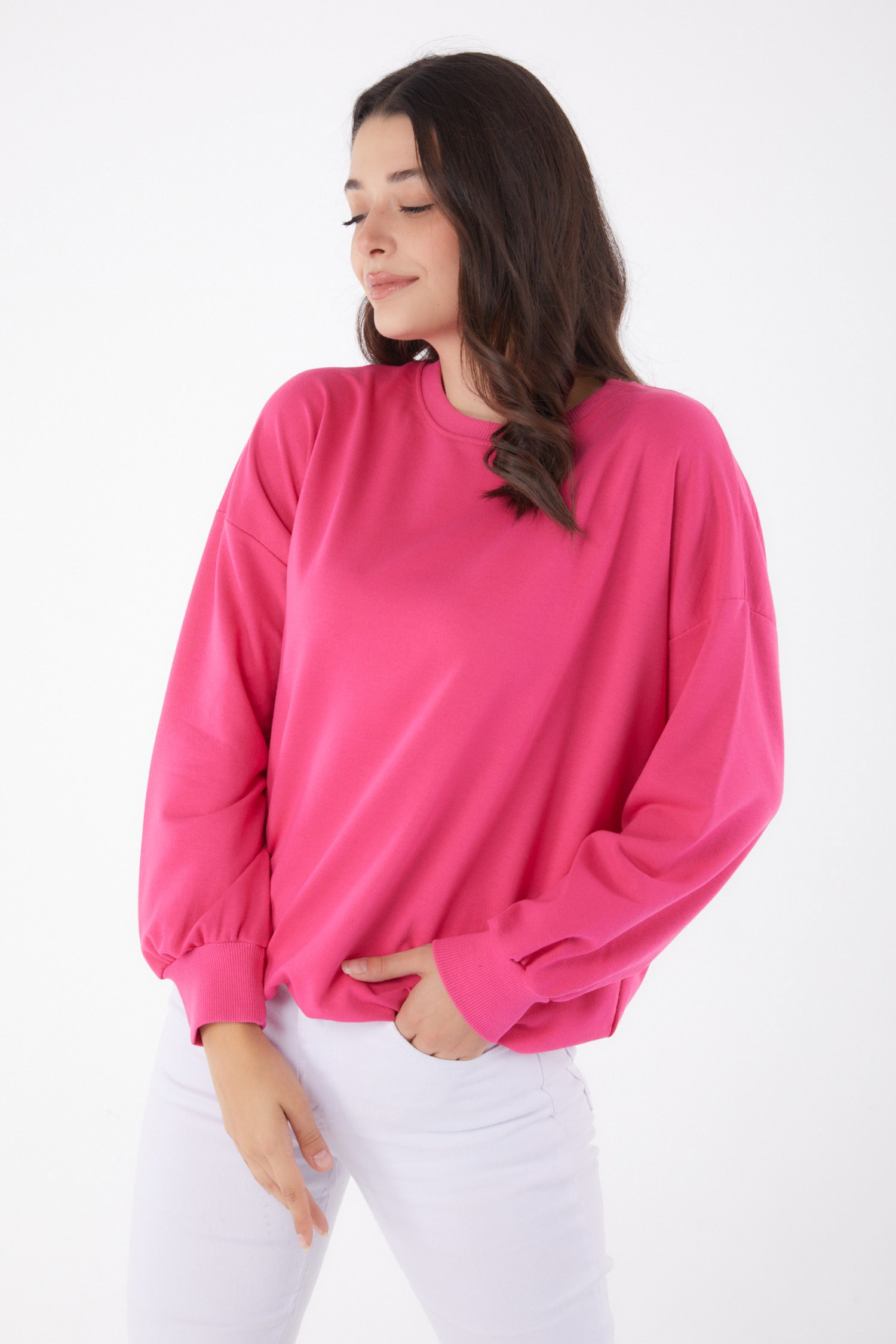 Düz Bisiklet Yaka Kadın Fuşya Manşetli Sweatshirt - 26046 - 3