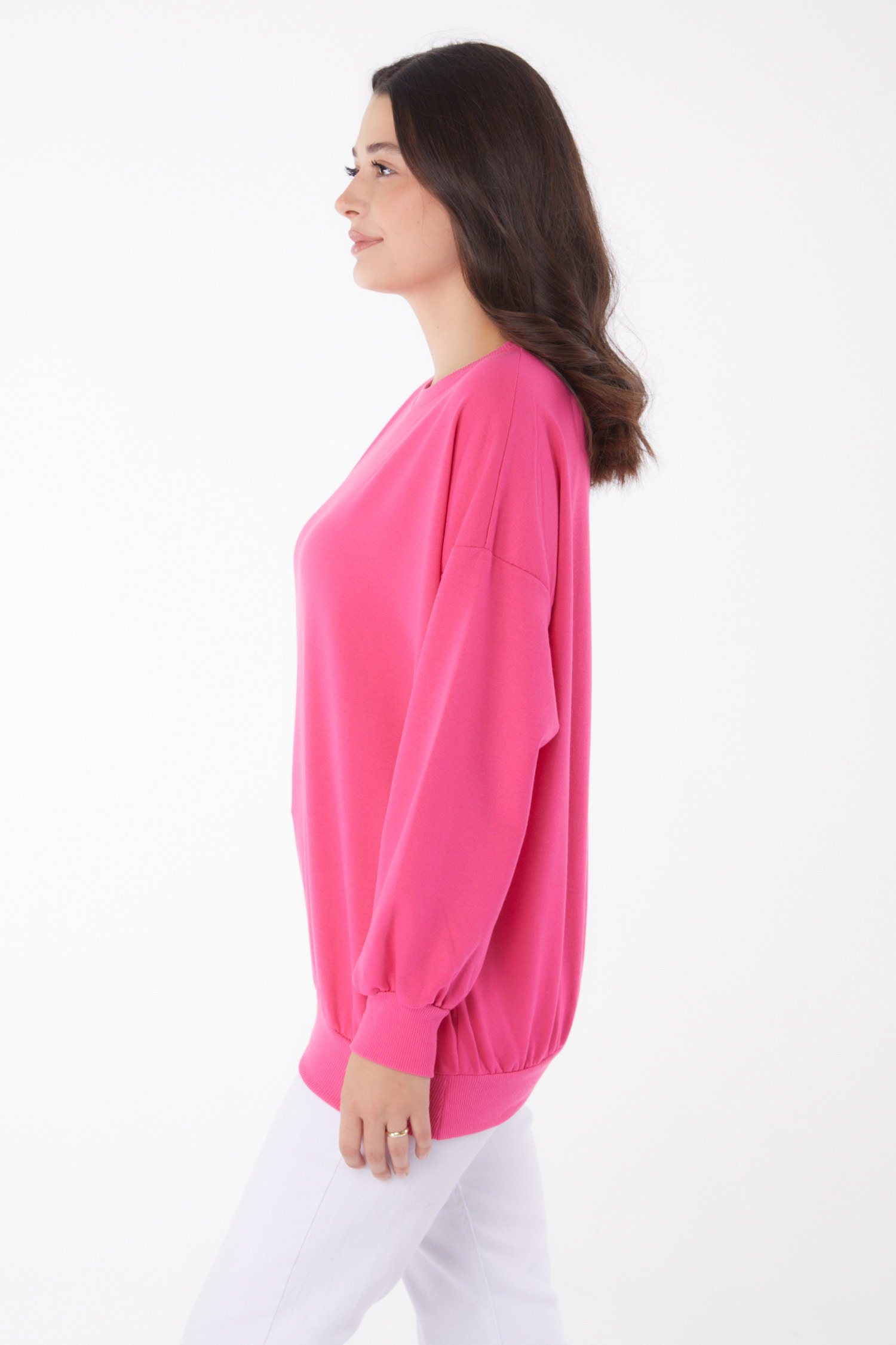 Düz Bisiklet Yaka Kadın Fuşya Manşetli Sweatshirt - 26046 - 4