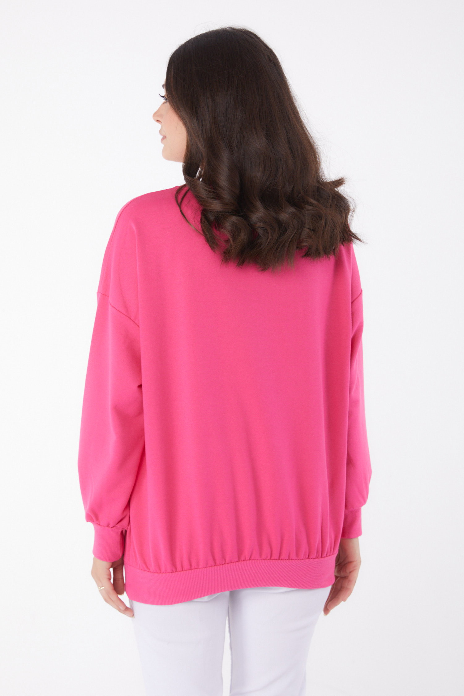 Düz Bisiklet Yaka Kadın Fuşya Manşetli Sweatshirt - 26046 - 5