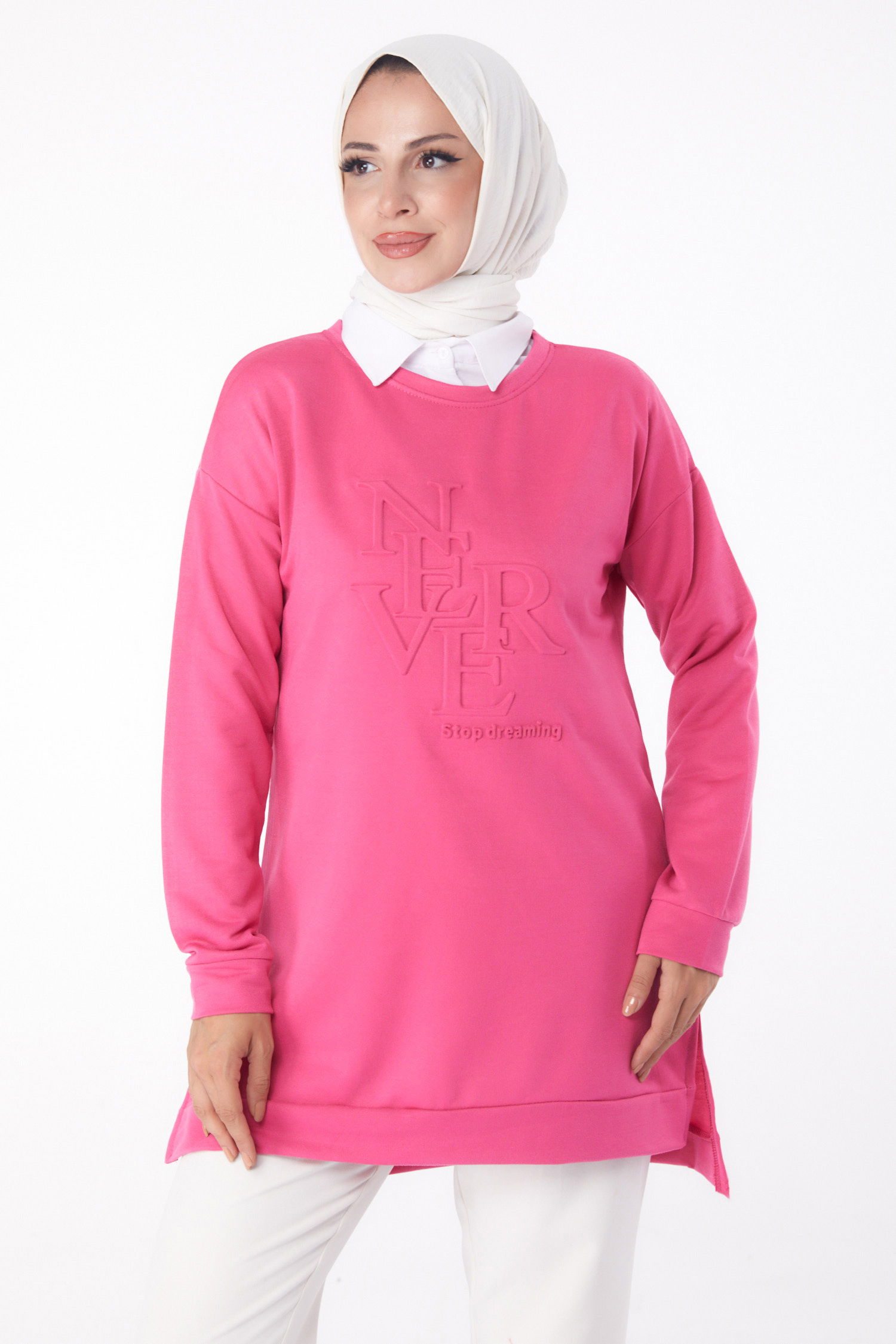Düz Bisiklet Yaka Kadın Fuşya Sweat - 26201 - 2