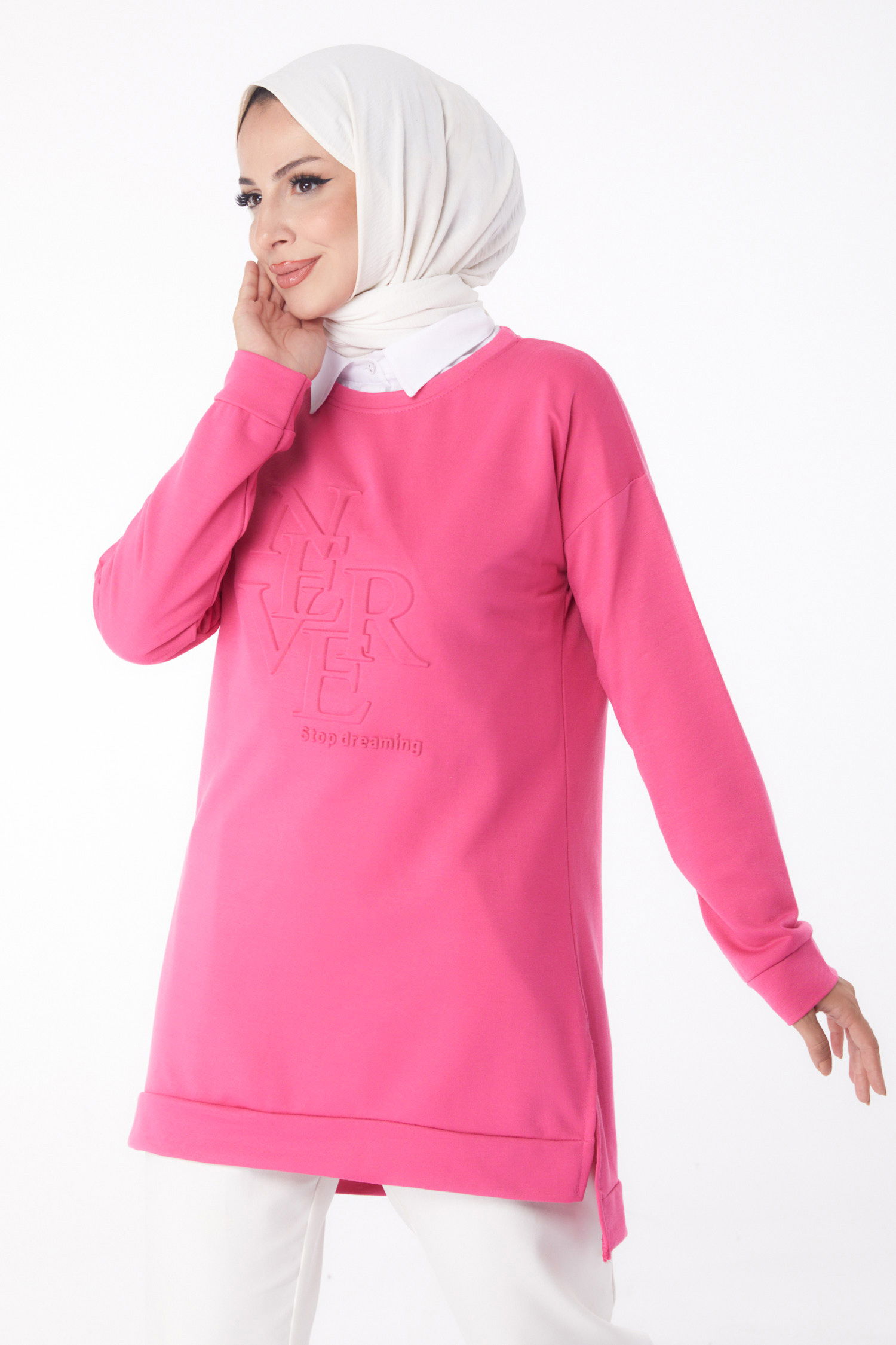 Düz Bisiklet Yaka Kadın Fuşya Sweat - 26201 - 3