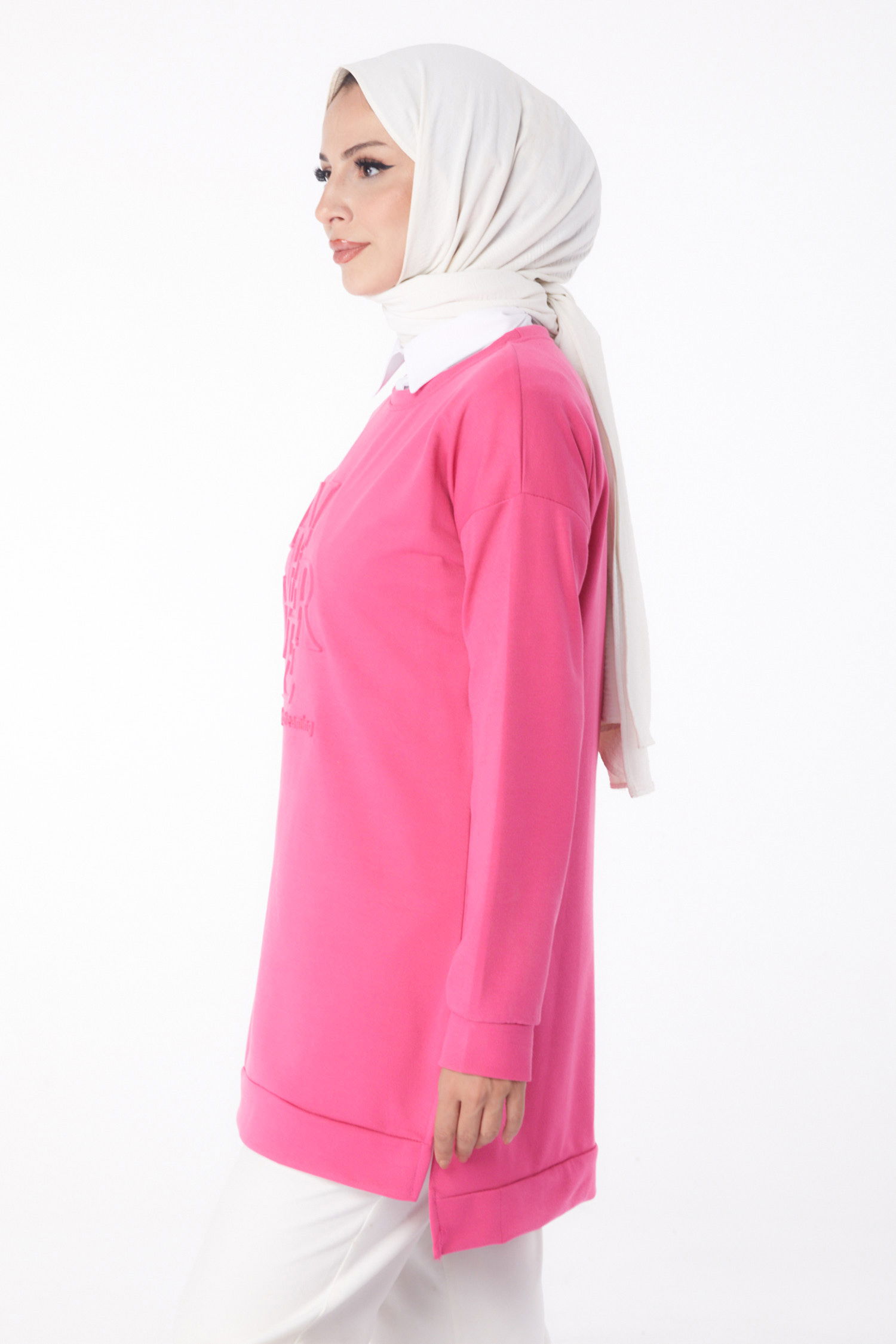 Düz Bisiklet Yaka Kadın Fuşya Sweat - 26201 - 4