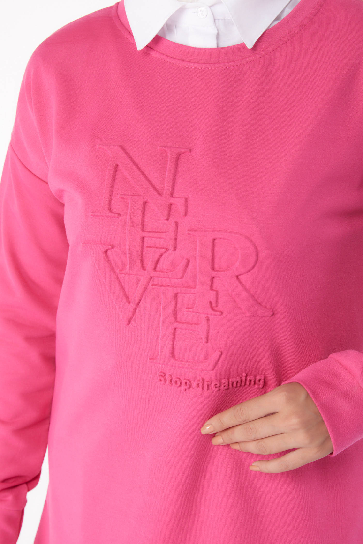 Düz Bisiklet Yaka Kadın Fuşya Sweat - 26201 - 6